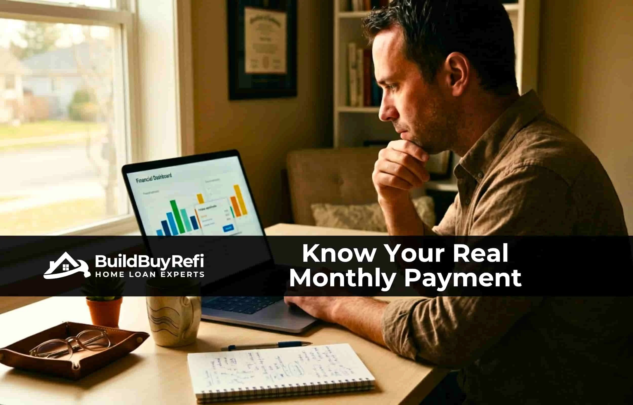 Man in late 30s looking at a computer sitting at a home office desk by the window with a notepad, pen, coffee cup, small plant, chair in corner, reviewing mortgage payments for BuildBuyRefi.com down payment program.