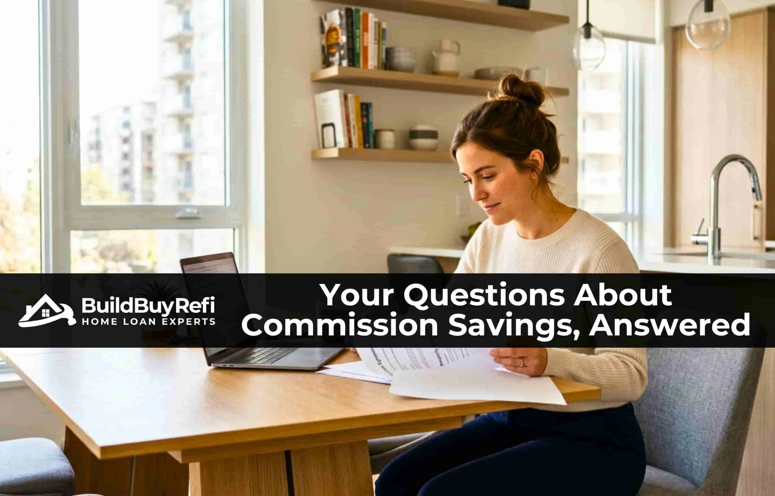 A home buyer sitting in her apartment looking over documents and frequently asked questions about BuildBuyRefi.com’s real estate commission savings program.