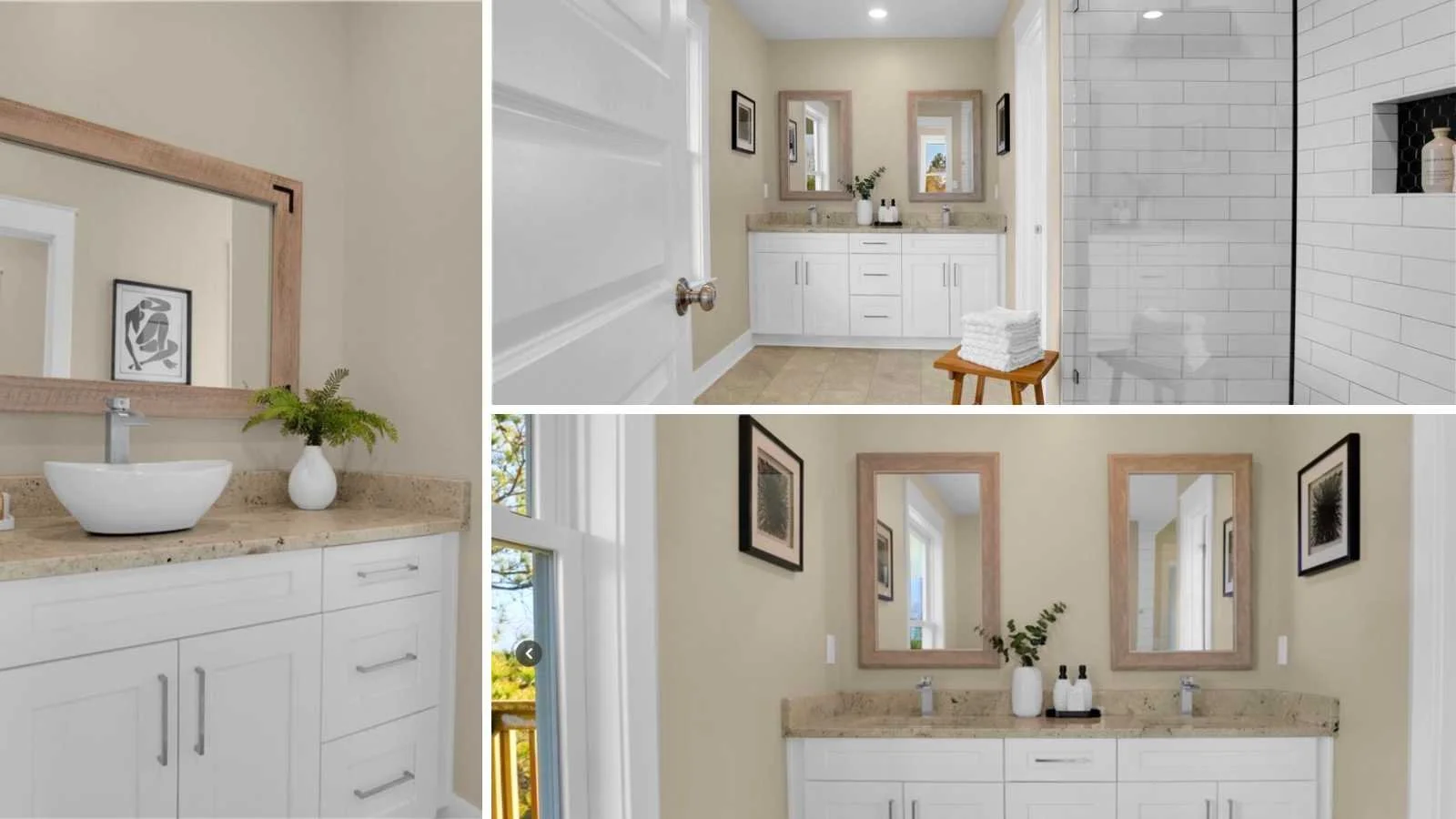 3 Image collage of bathroom options from on-suite master with beautiful tiled walk-in showers, dual sink options, guest and jack and jill bathroom bedroom combinations with great lighting, granite counters, kohler fixtures with Almond exteriors.