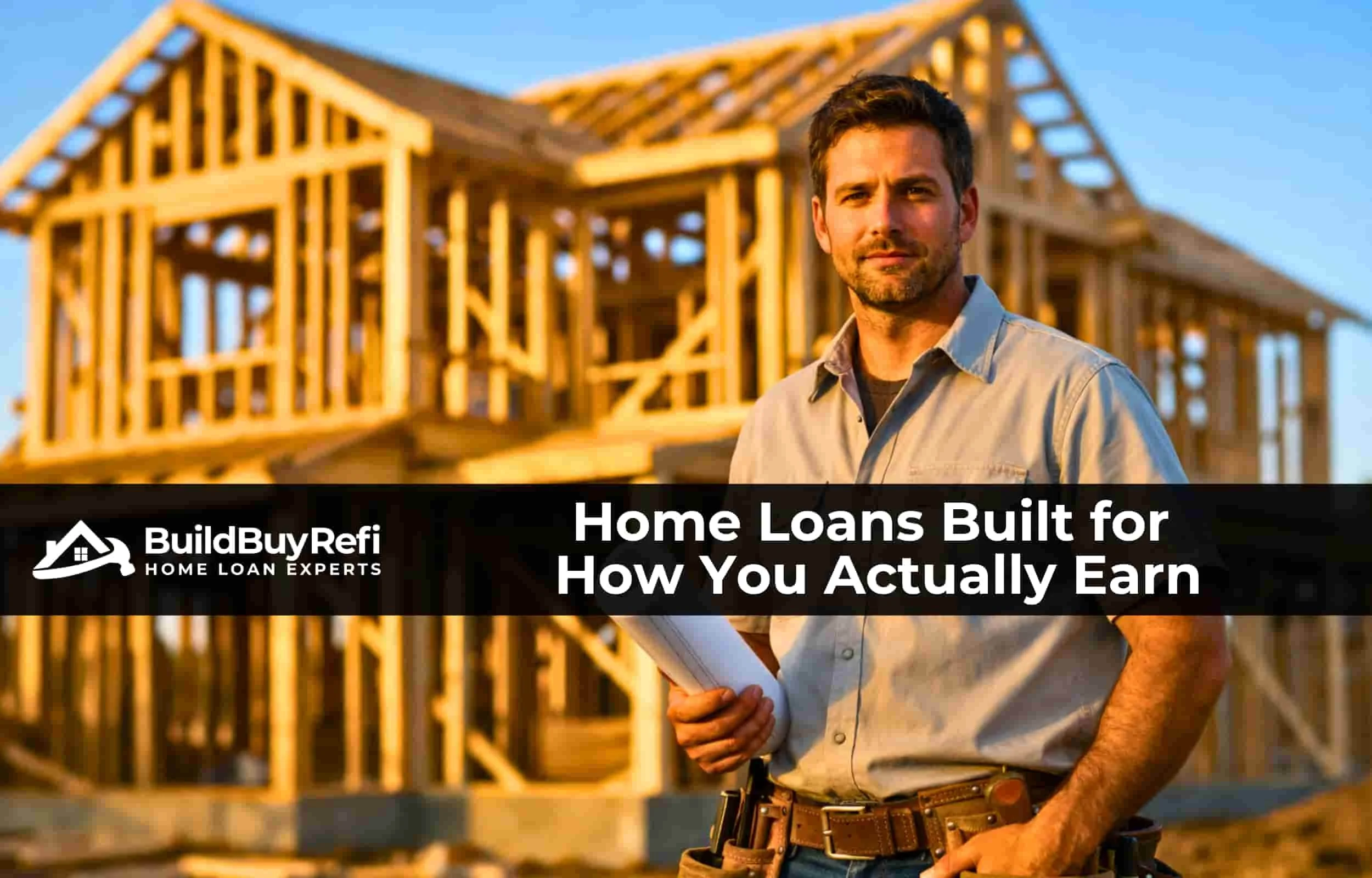Photo of a Home Contractor or Builder holding blueprints standing in front of a framed out house at sunset, representing a tradesman, working with BuildBuyRefi.com