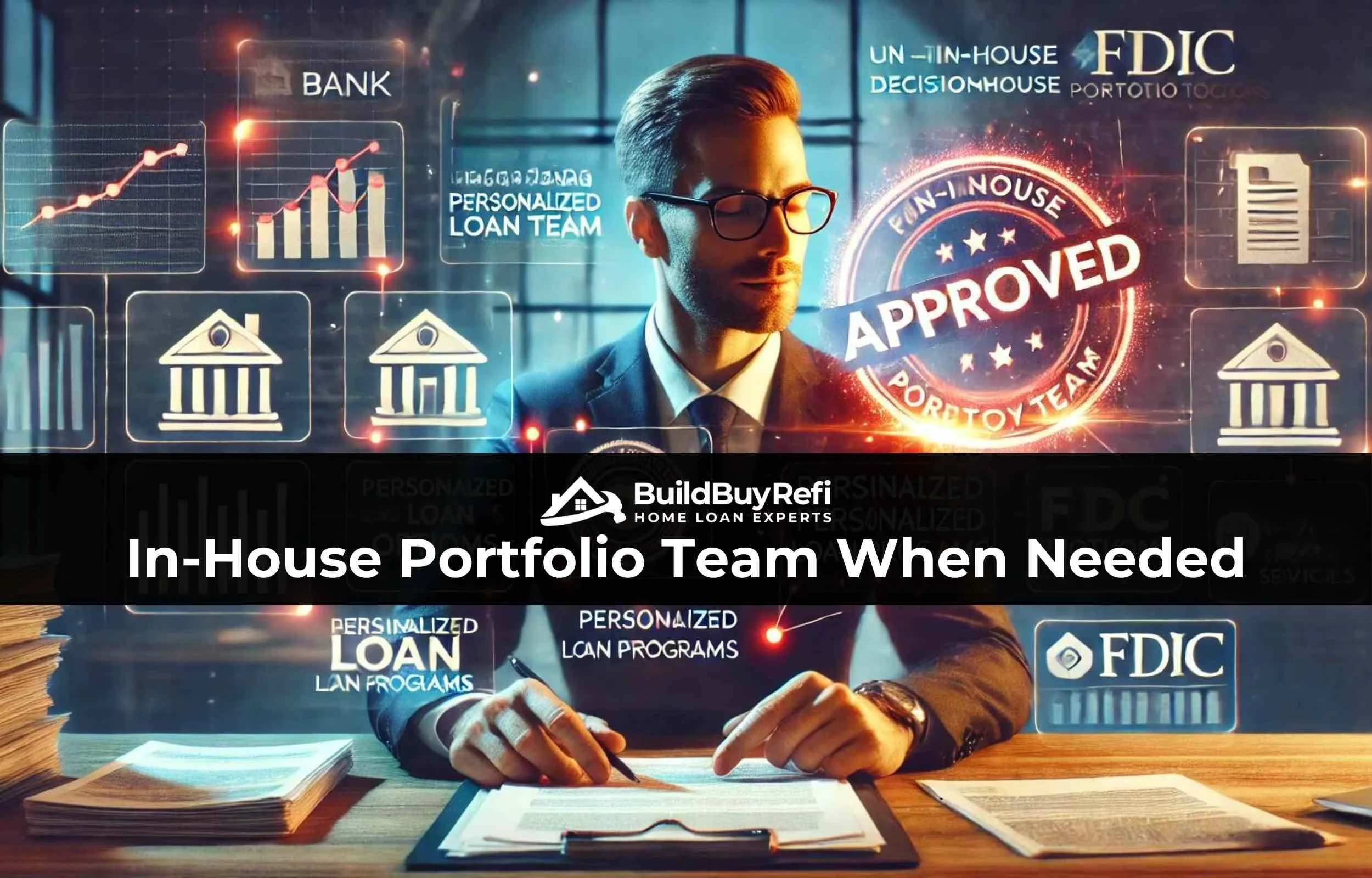 Picture of a BuildBuyRefi.com banker approving consumer loans at a desk and doing a portfolio review with icons and infographic style images and holographic icons float around the banker in the office scene.