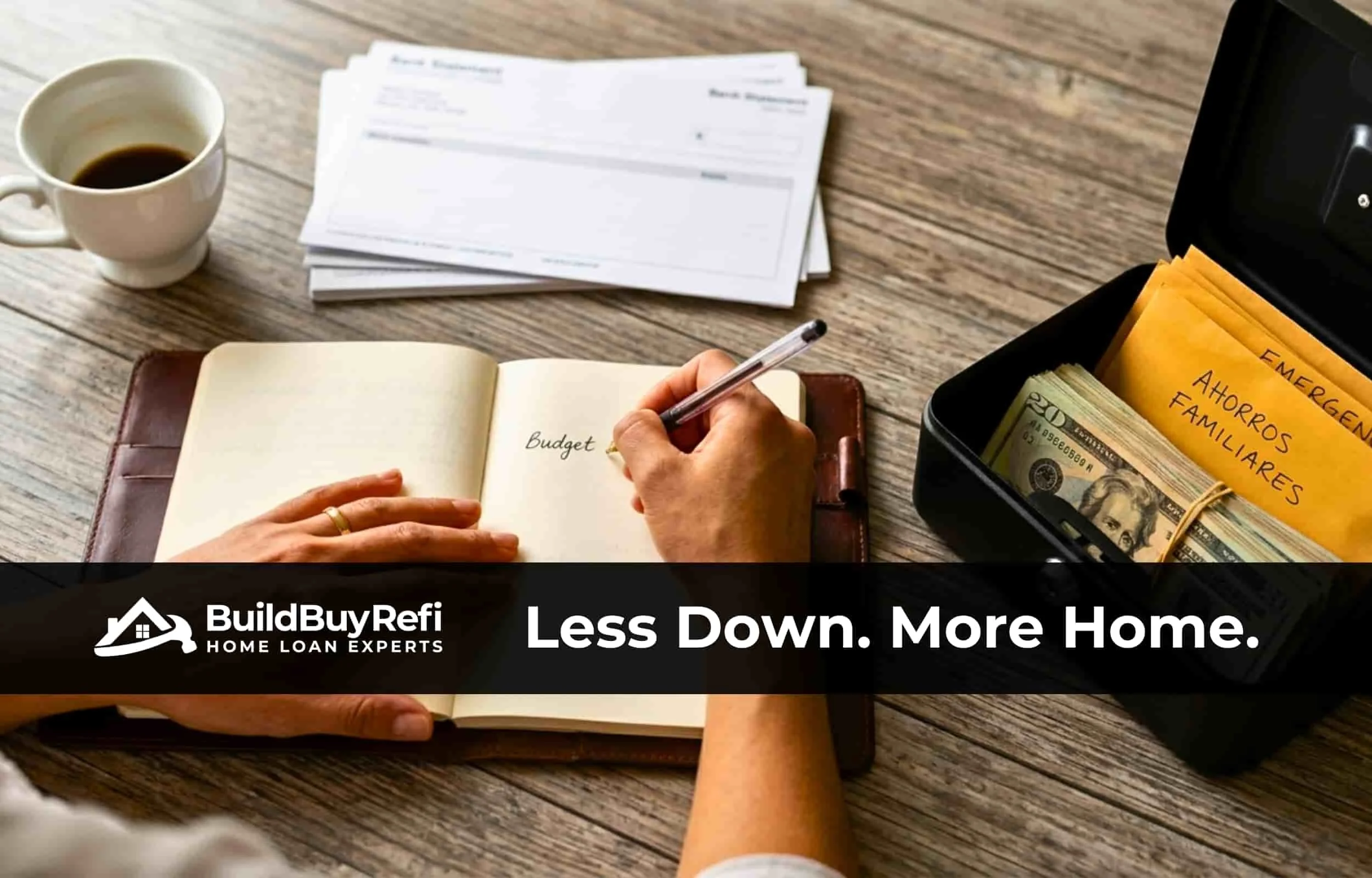 Hispanic woman in her 30s sitting at a kitchen table going over her budget with notebook and box of savings envelopes representing ITIN Down Payment Savings Calculations with BuildBuyRefi ITIN Home Loans