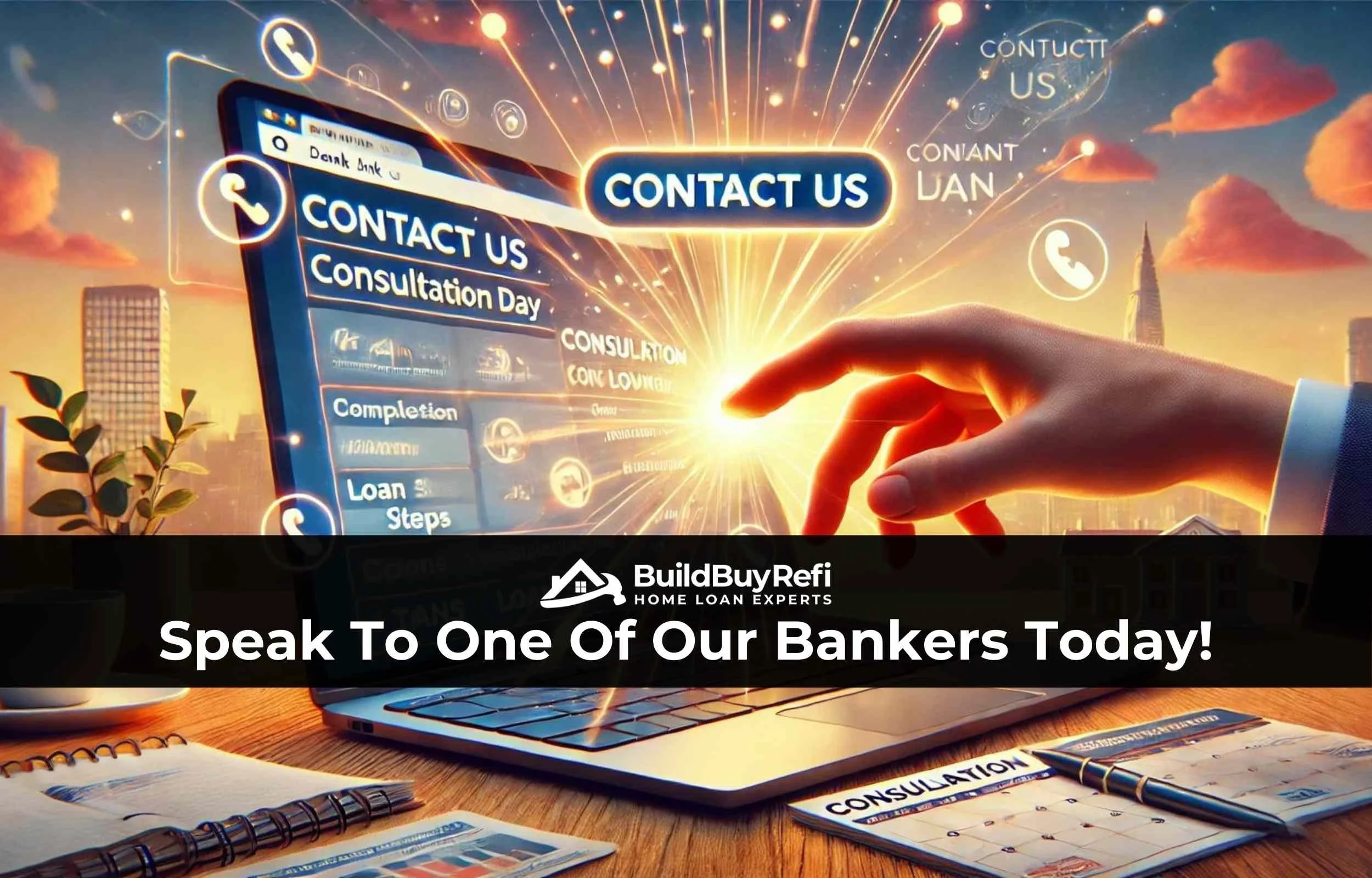 A hand reaching out to a touch screen laptop reviewing a calendar to schedule a call with a BuildBuyRefi.com banker with a sunny background, coffee cup with a plant, a few planners, and a cityscape in the background with pink clouds  and icons.