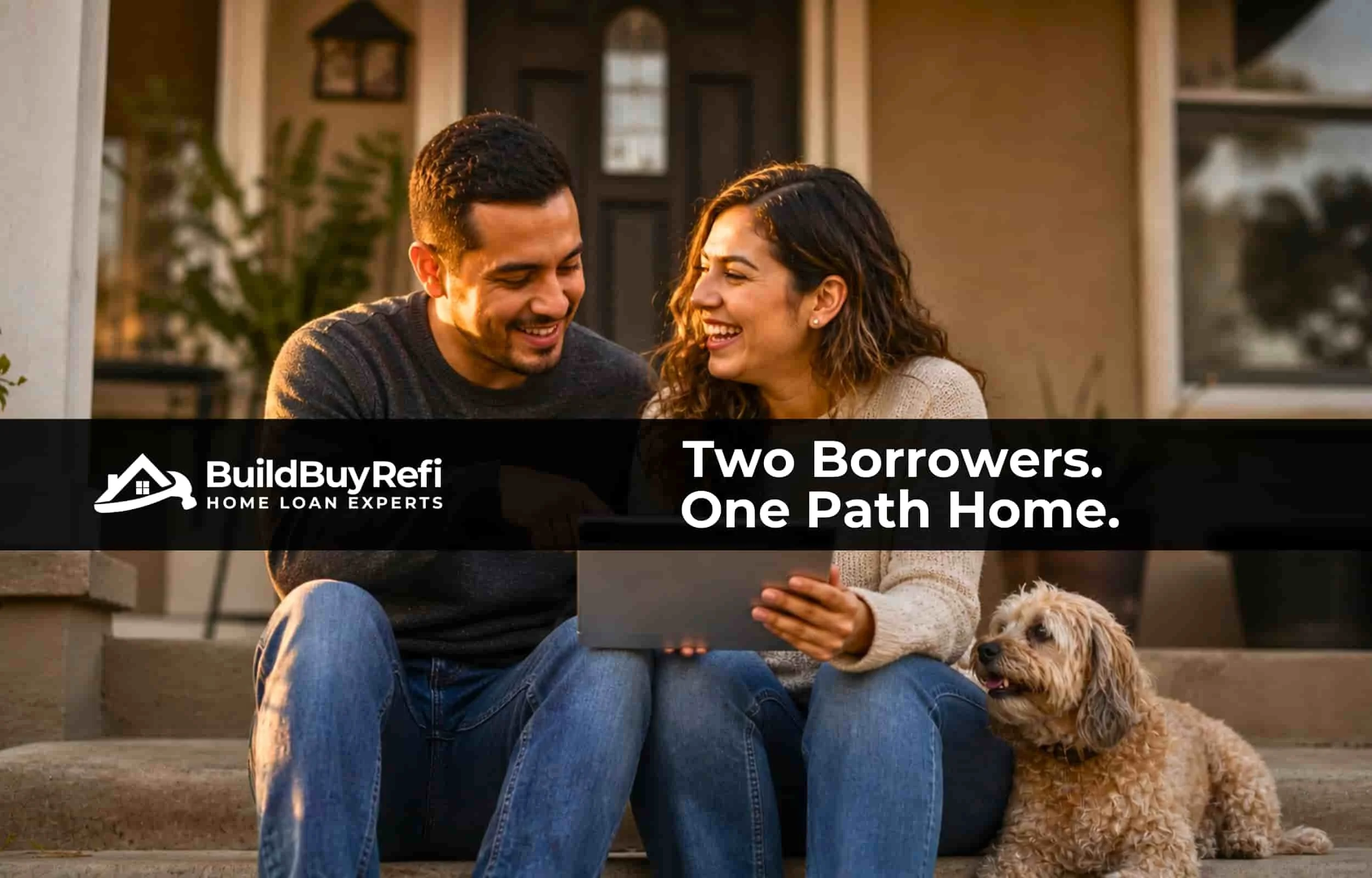 A Mixed Couple sitting on the porch of their home with their puppy next to them, image representing mixed status household mortgages, one borrower with an ITIN number, the other with SSN, both allowed on BuildBuyRefi underwriting guidelines.