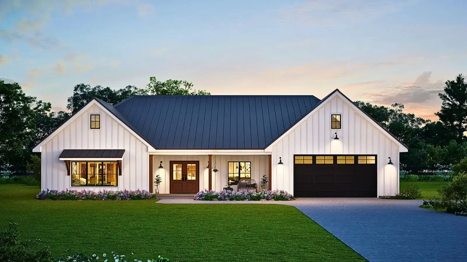 The Sagebrush Modular Metal Home offered by ModularHome.com, a 1 and ½ story vaulted home, 2 car garage, double door entry, metal roof, white siding, offered with up to 100% land and home loans for modulars by BuildBuyRefi.com