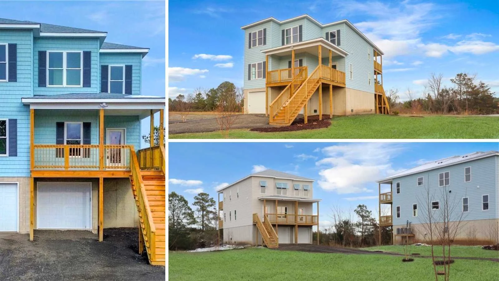 3 image collage of different exteriors of beautiful 3 level homes showing decking, garages, sided waterfront homes with unique layouts in Hampton and Newport News Virginia designed by Almond Exteriors, a registered builder with BuildBuyRefi.com