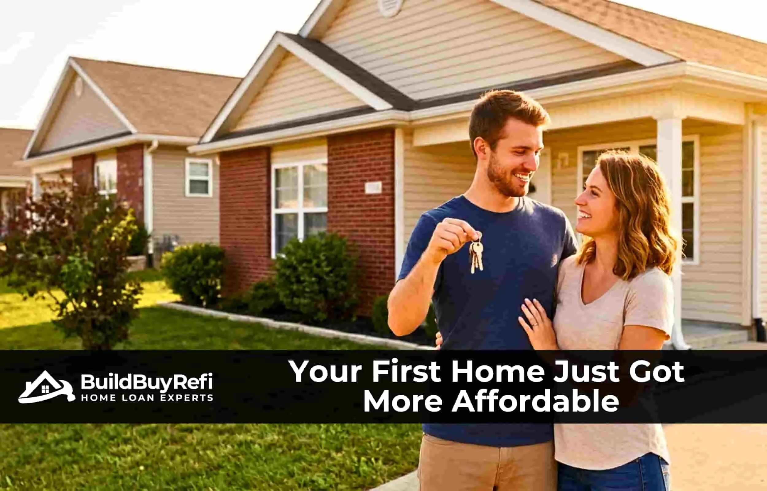 A young couple standing outside in front of their first home holding keys, smiling at each other, because of how much they saved using the BuildBuyRefi commission savings program.