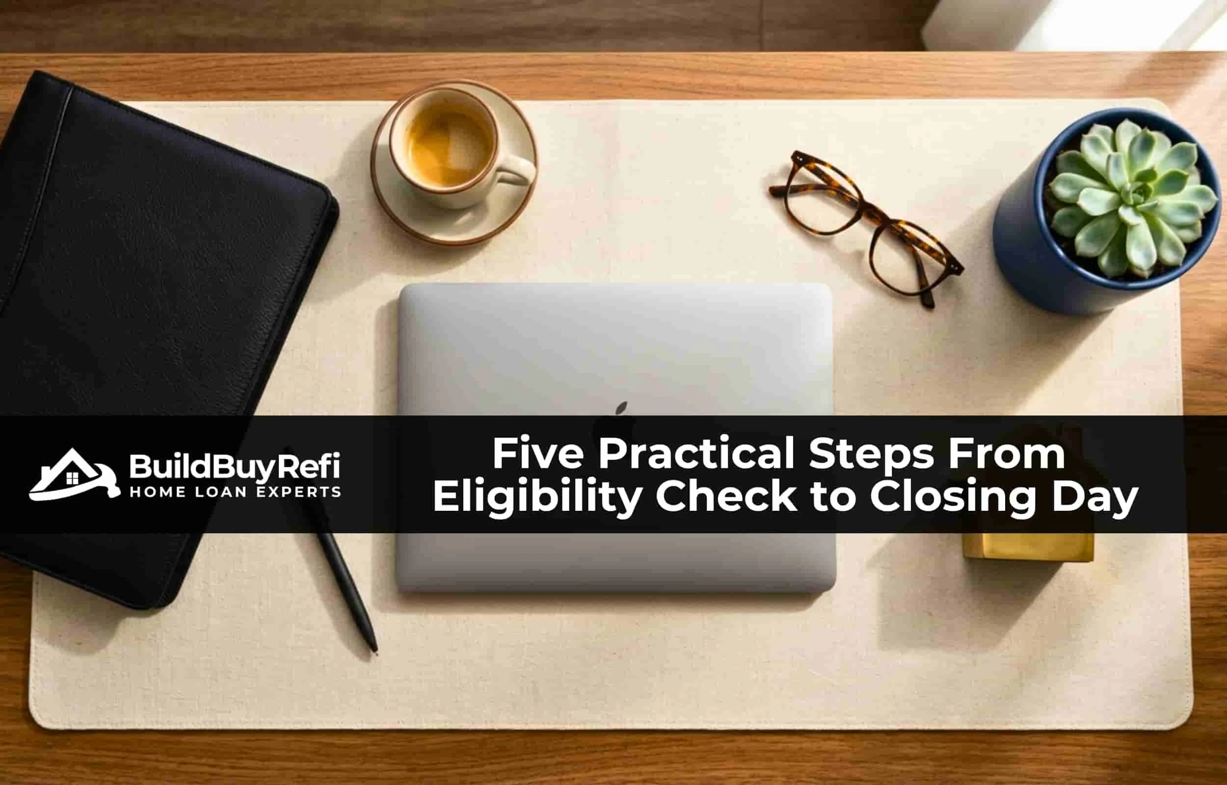 Organized desk flat-lay with laptop, leather portfolio, and house-shaped paperweight — BuildBuyRefi.com purchase loan process overview.