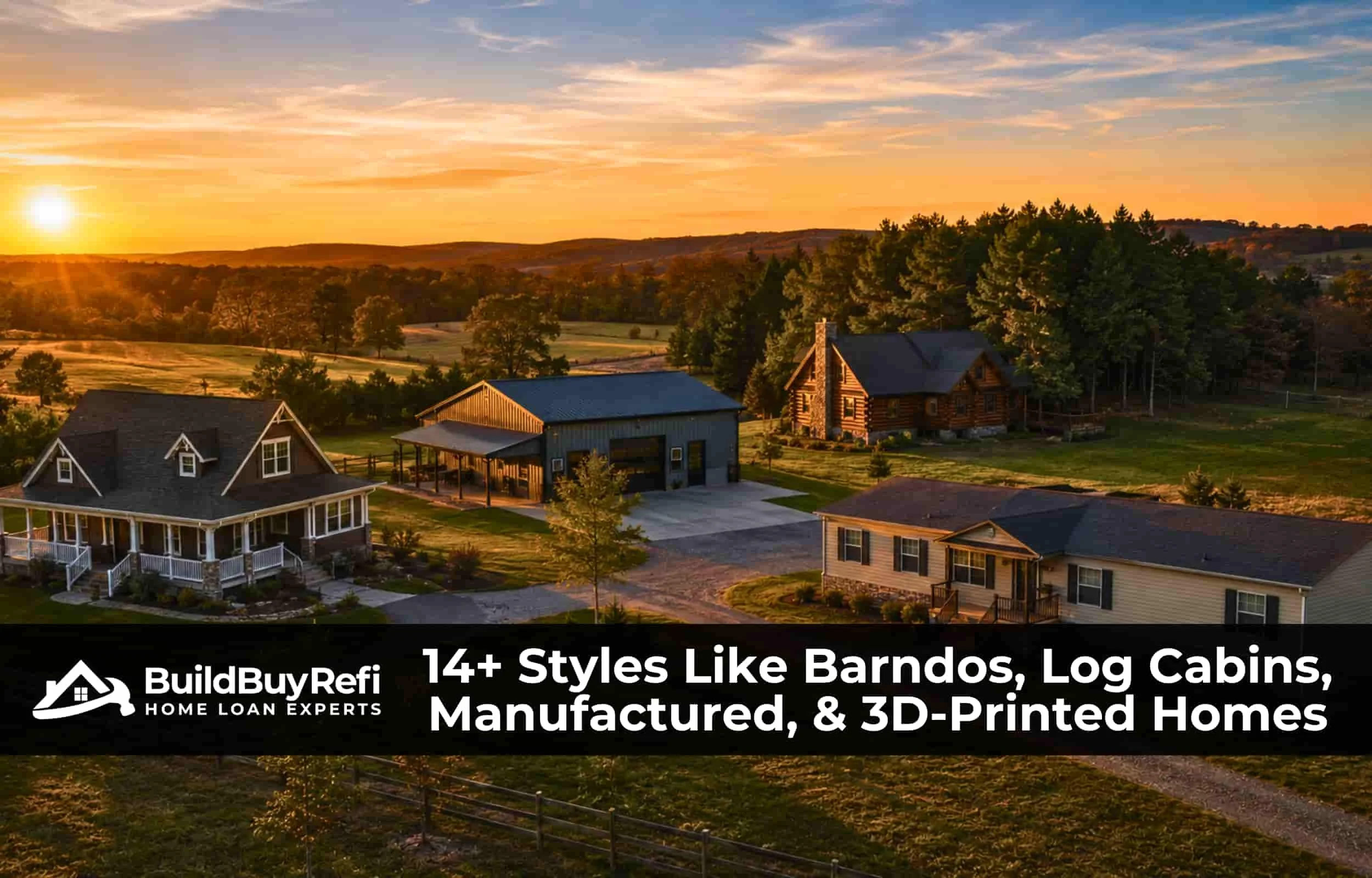 Aerial view of four distinct American home styles — craftsman, barndominium, log cabin, and manufactured — financed by BuildBuyRefi.com.
