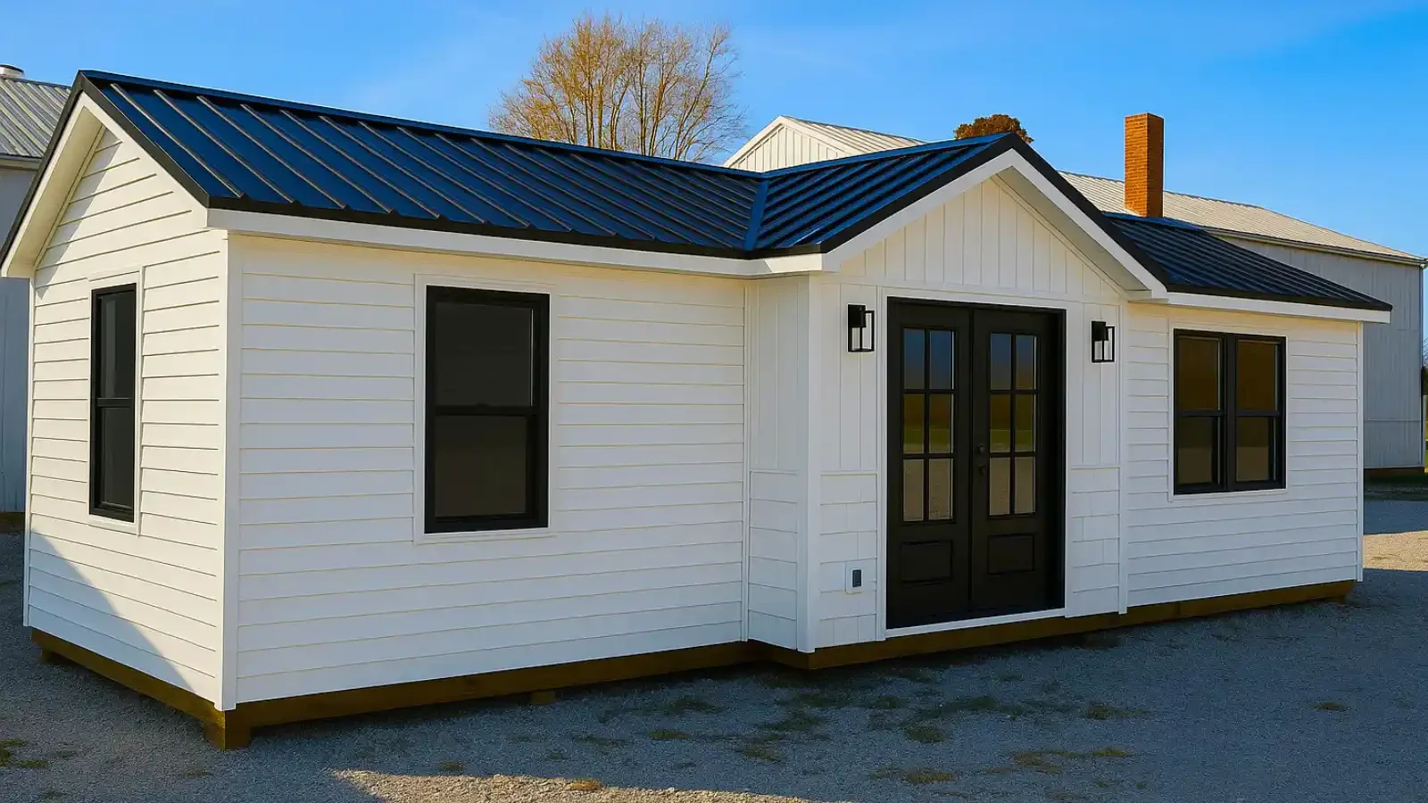 Modern White Exterior ADU Style Small Cabin with Black Metal Roof, Double Door Entry, by Amish Built Cabins, available for ADU financing with 2nd Home Construction Loans, or 2nd Position Loans by BuildBuyRefi.com