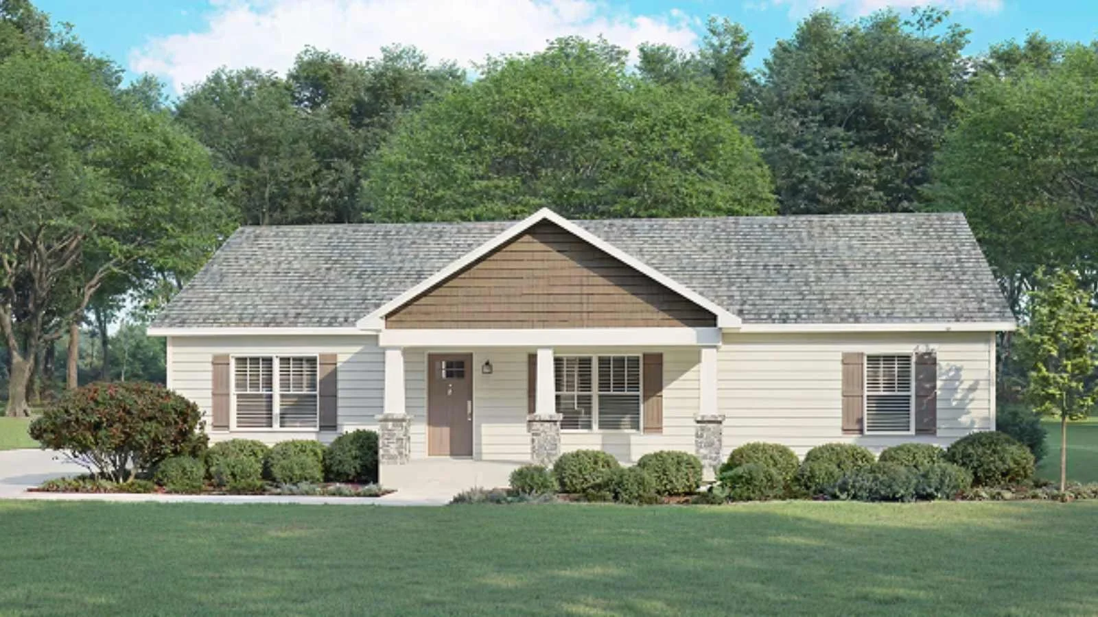 Another beautiful custom exterior modular home from Lynn Modular Homes of Virginia, showing a gabled roof, front porch with stone columns, shudders, and gorgeous landscaping, a registered builder with BuildBuyRefi.com