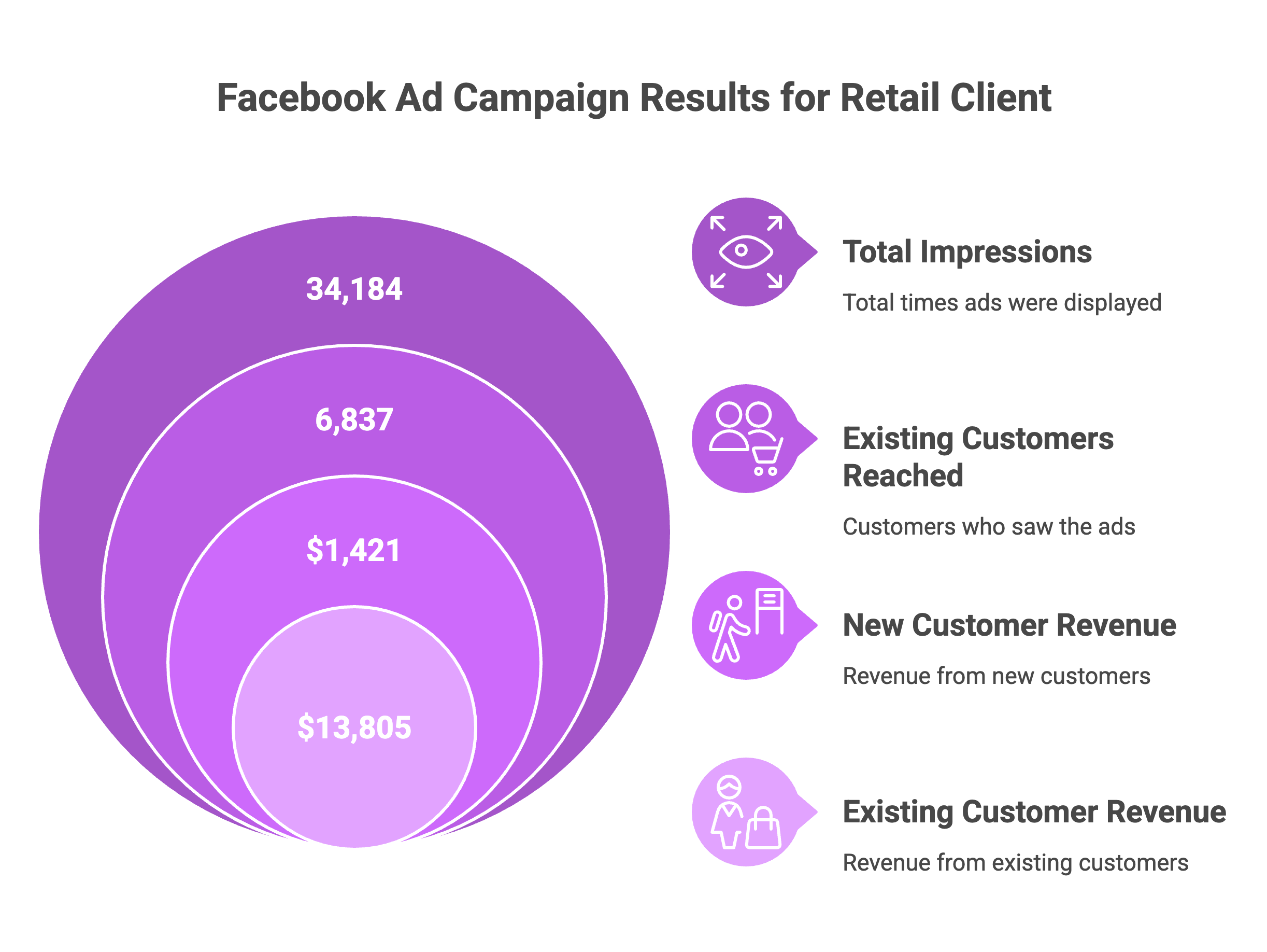 Concentric circle graphic showing Meta ad campaign results for a retail client — $13,805 in existing customer revenue and $1,421 in new customer revenue from 34,184 impressions using POS-based audience targeting.