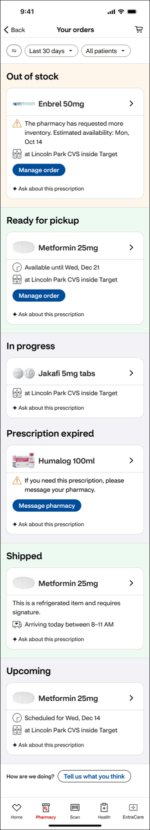 After: Your Orders with clearer status groups, medication imagery, and simplified actions.