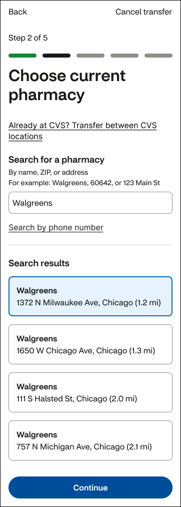 After: Current pharmacy search with a unified search field and compact selectable results.