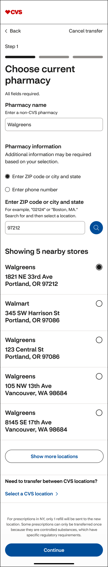 Before: Current pharmacy search with separate search fields and a long results list.