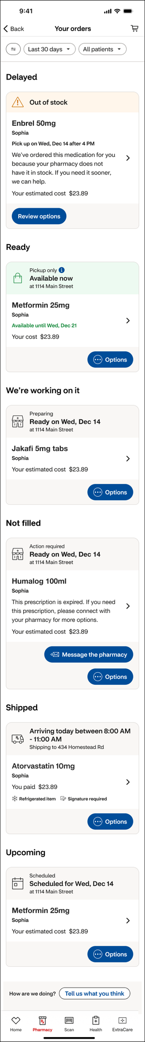 Before: Your Orders with dense prescription cards and nested status labels.