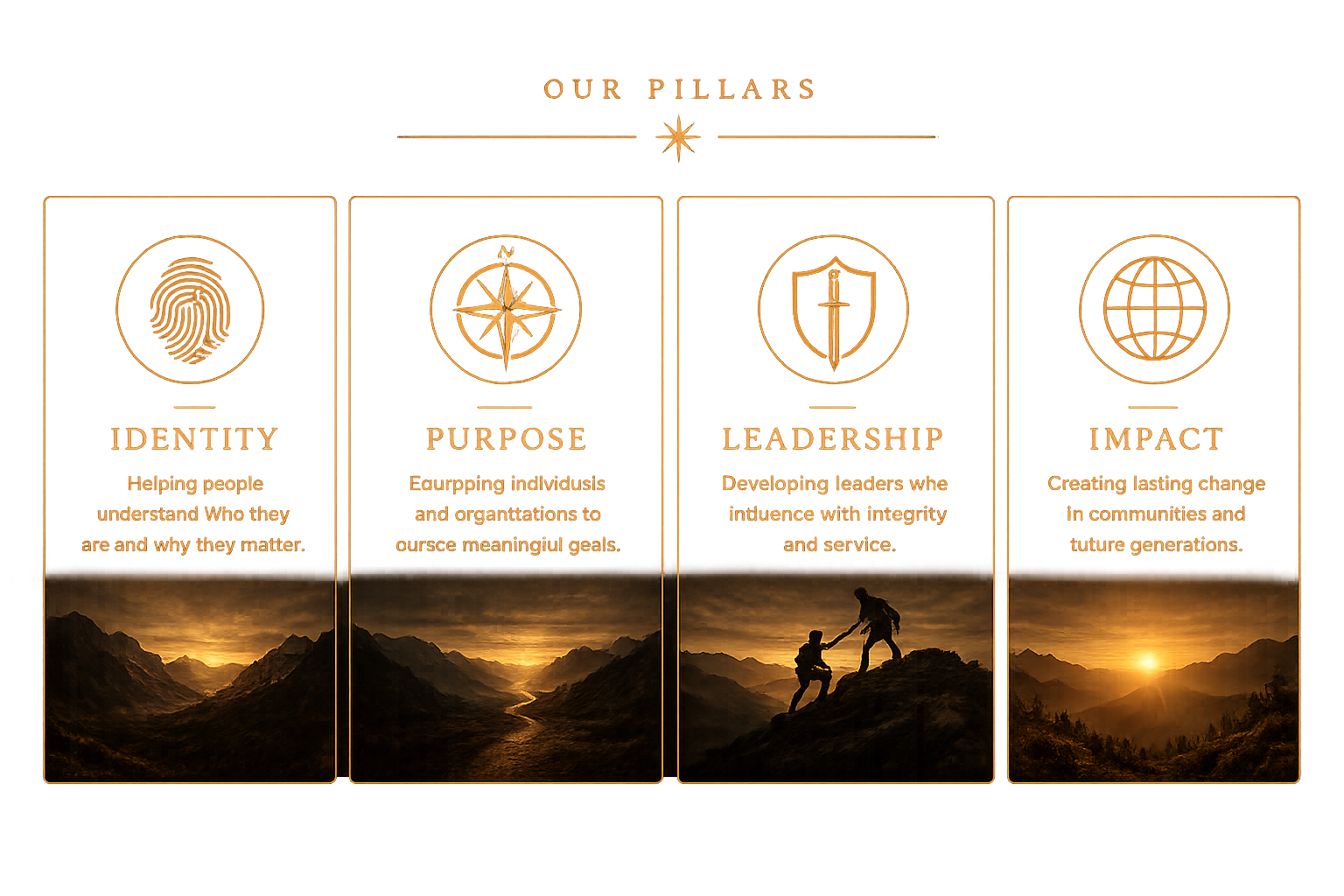 Infographic titled 'Our Pillars' with four columns labeled Completion: Identity, Purpose, Leadership, and Impact, each with icons and descriptive text, set against a mountain landscape at sunset.