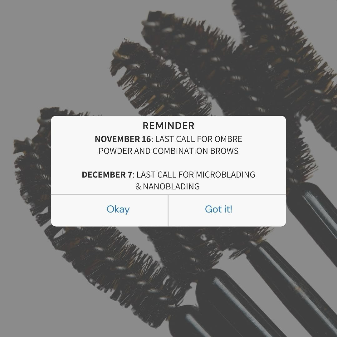 🚨 Important Update for My Amazing Clients 🚨

As I prepare for my upcoming maternity leave, January 4 - May 5, I want to make sure you have everything you need for beautiful, refreshed brows! To ensure I have time for your touch up appointments:

✨ 