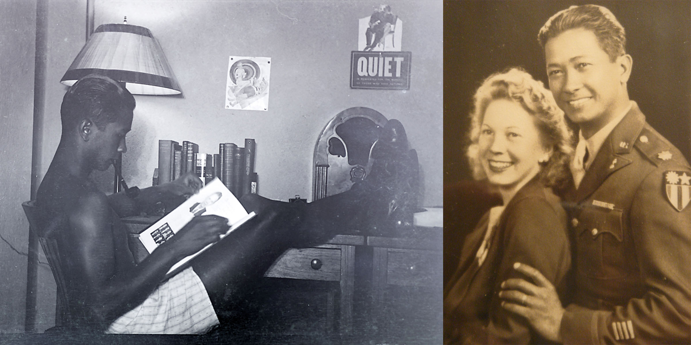 Dad in his college dorm room at GA Tech, ca. 1936, "peaceful and relaxed" (left); and with first wife, Gretchen, ca. 1941