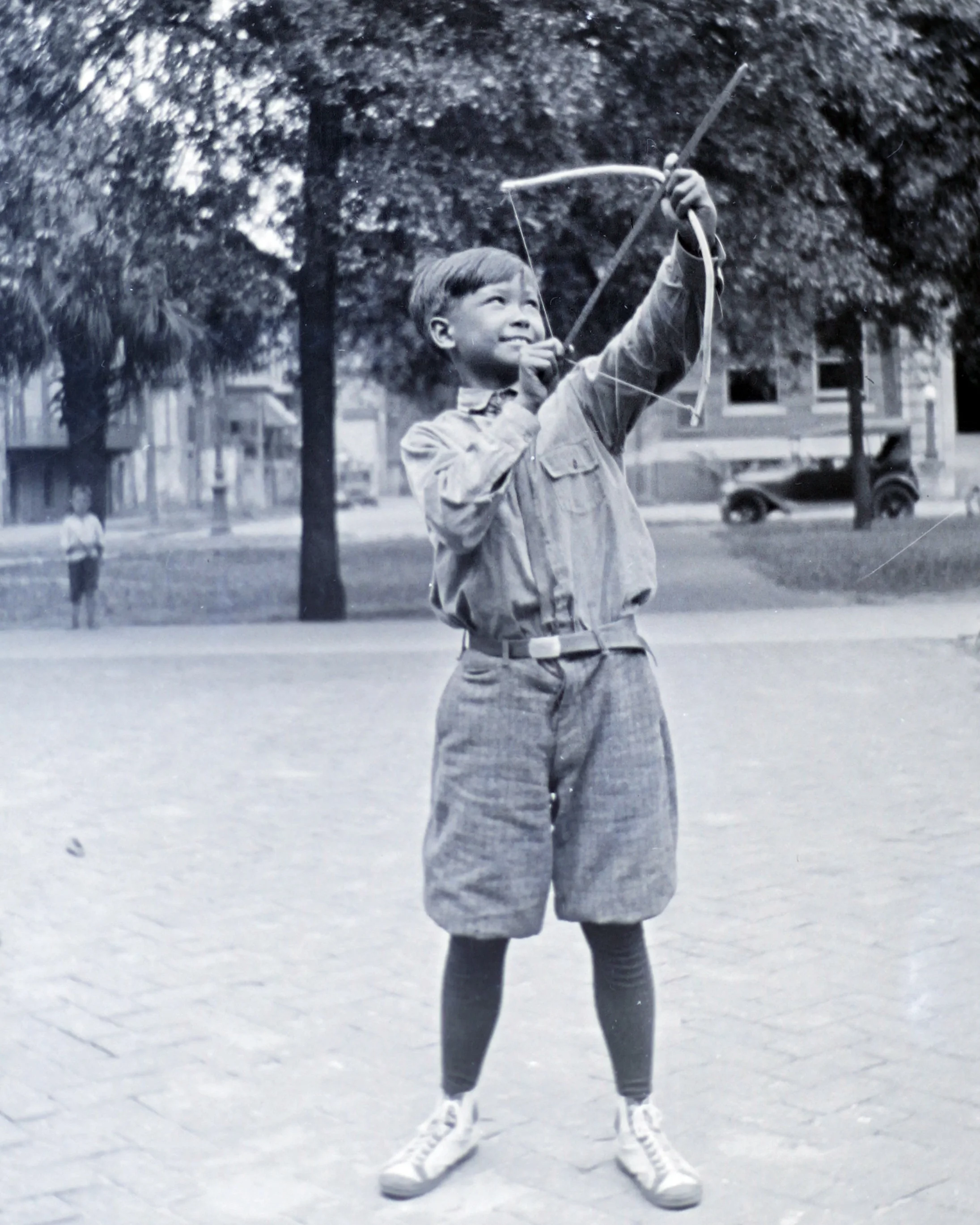 Gilbert Whitehand, master archer and heart friend of Robin Hood, with his homemade bow and arrow.