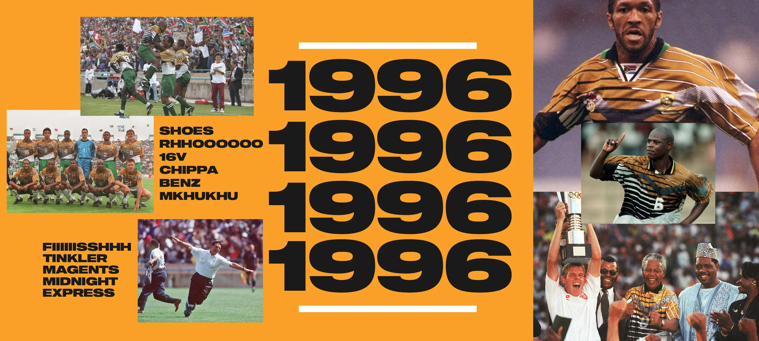 A collage celebrating the 1996 African football team, featuring team photos, players celebrating, and cultural images, set against an orange background with bold black text of the year 1996.