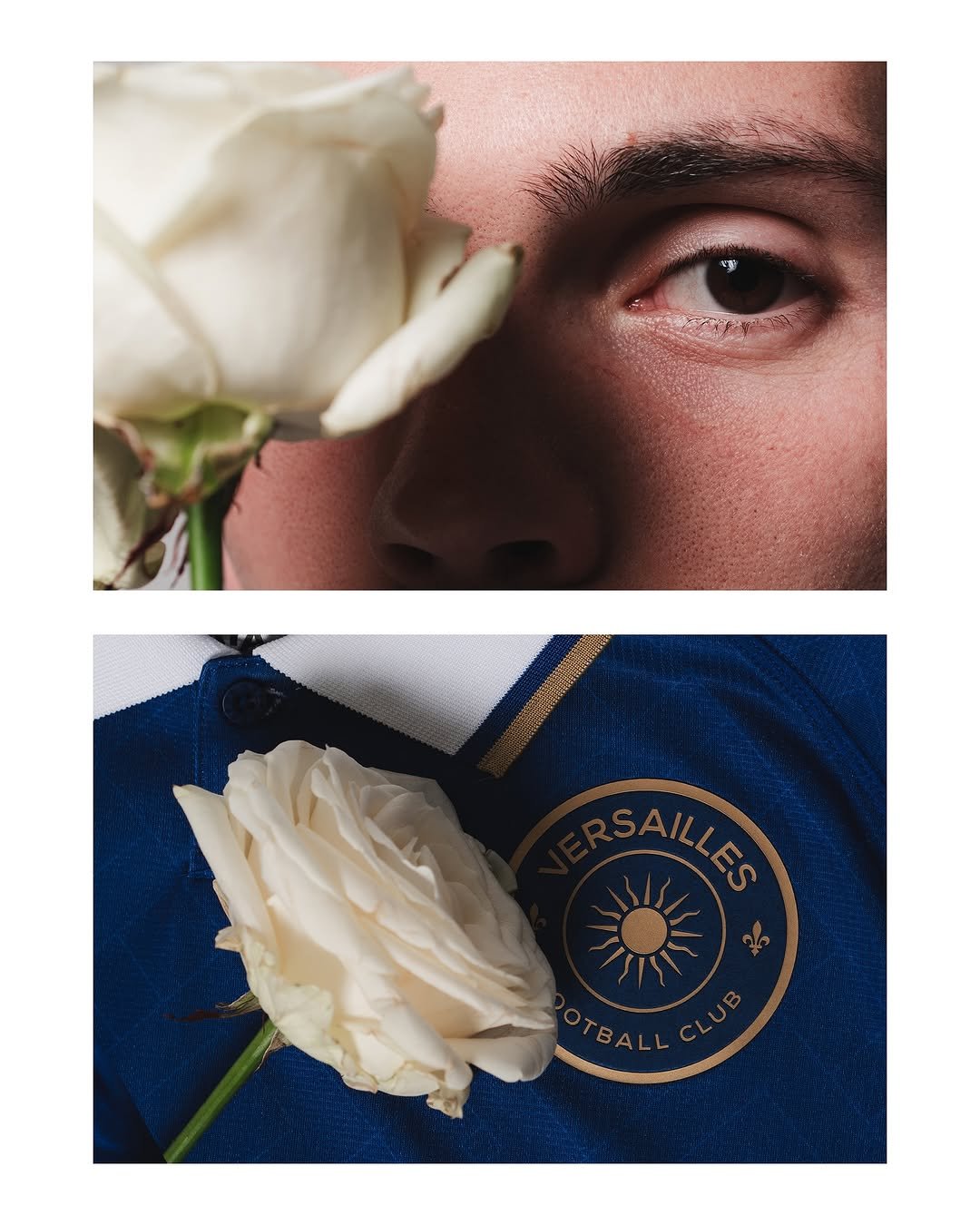Close-up of a person holding a white flower near their face, with a beige skin tone and dark eye, and a white flower resting on a blue sports jersey with a Europe Versailles Football Club logo.
