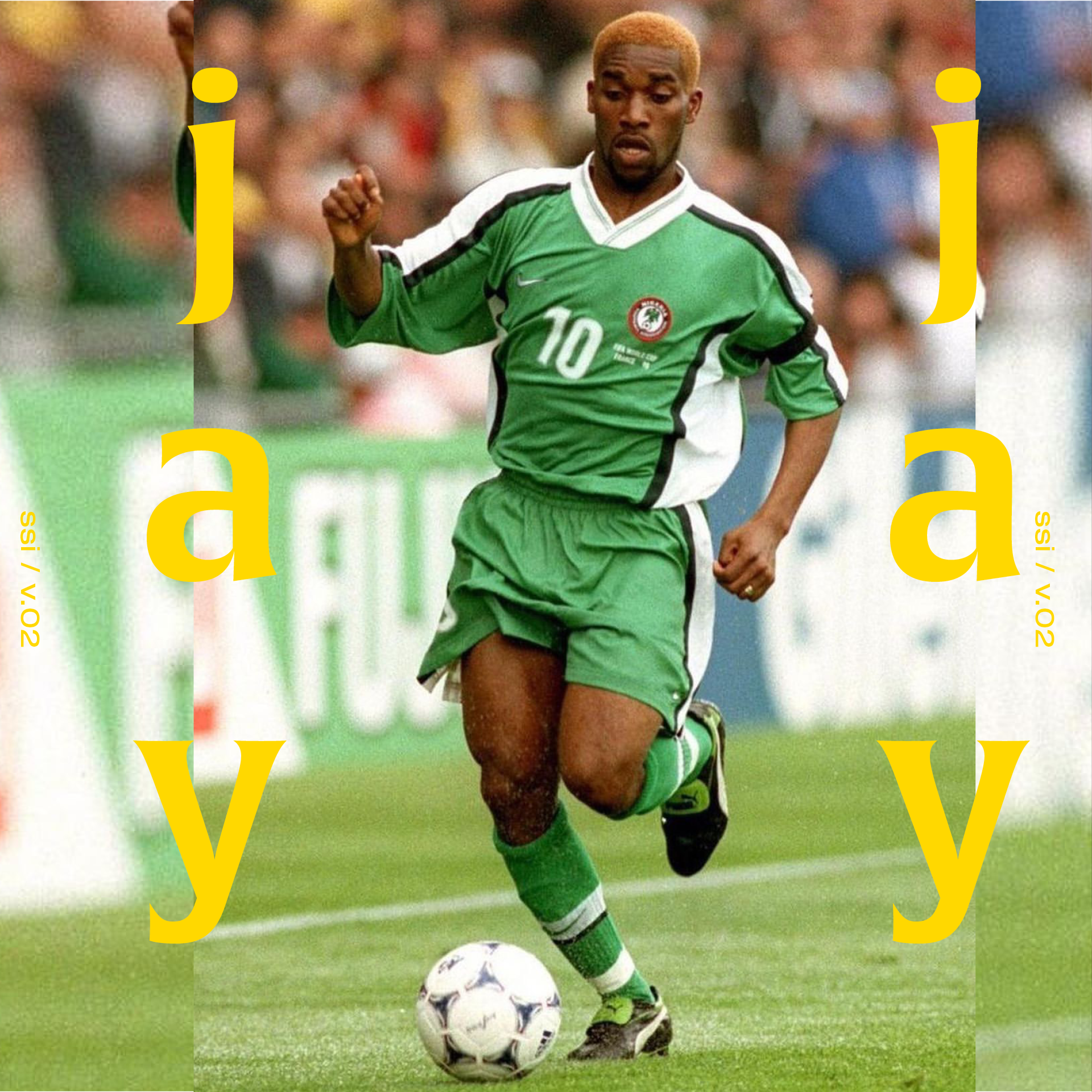 A soccer player wearing a green jersey with the number 10 dribbling a soccer ball on the field with a crowd in the background. Overlaid with yellow text that says 'j' and 'a' on the left and right sides, and 'v' and 'y' at the bottom.