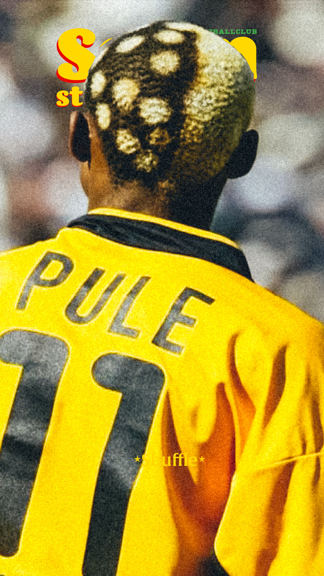 A football player wearing a yellow jersey with the number 11 and the name PULSE on the back, with a distinctive haircut featuring a pattern of shaved circles and stars.