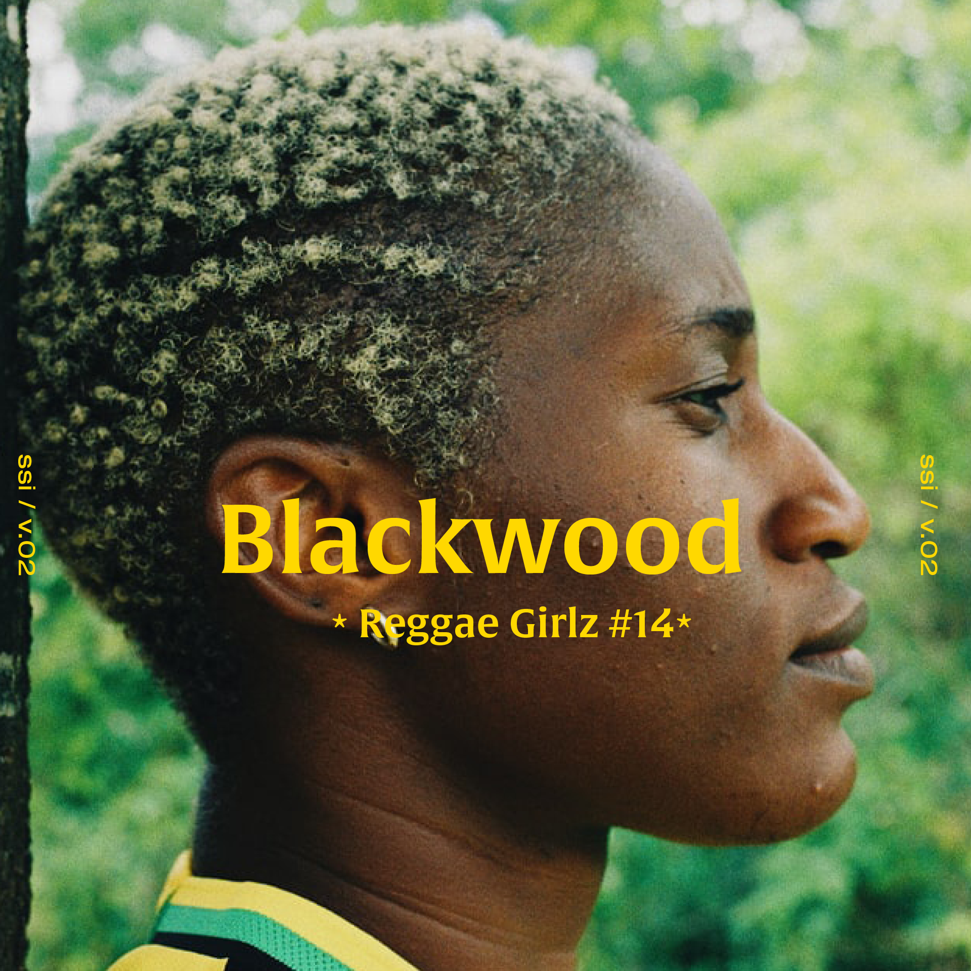 Close-up of a Black woman with short, curly, bleached hair, facing right, outdoors with blurred green foliage in the background, wearing a yellow and black top.