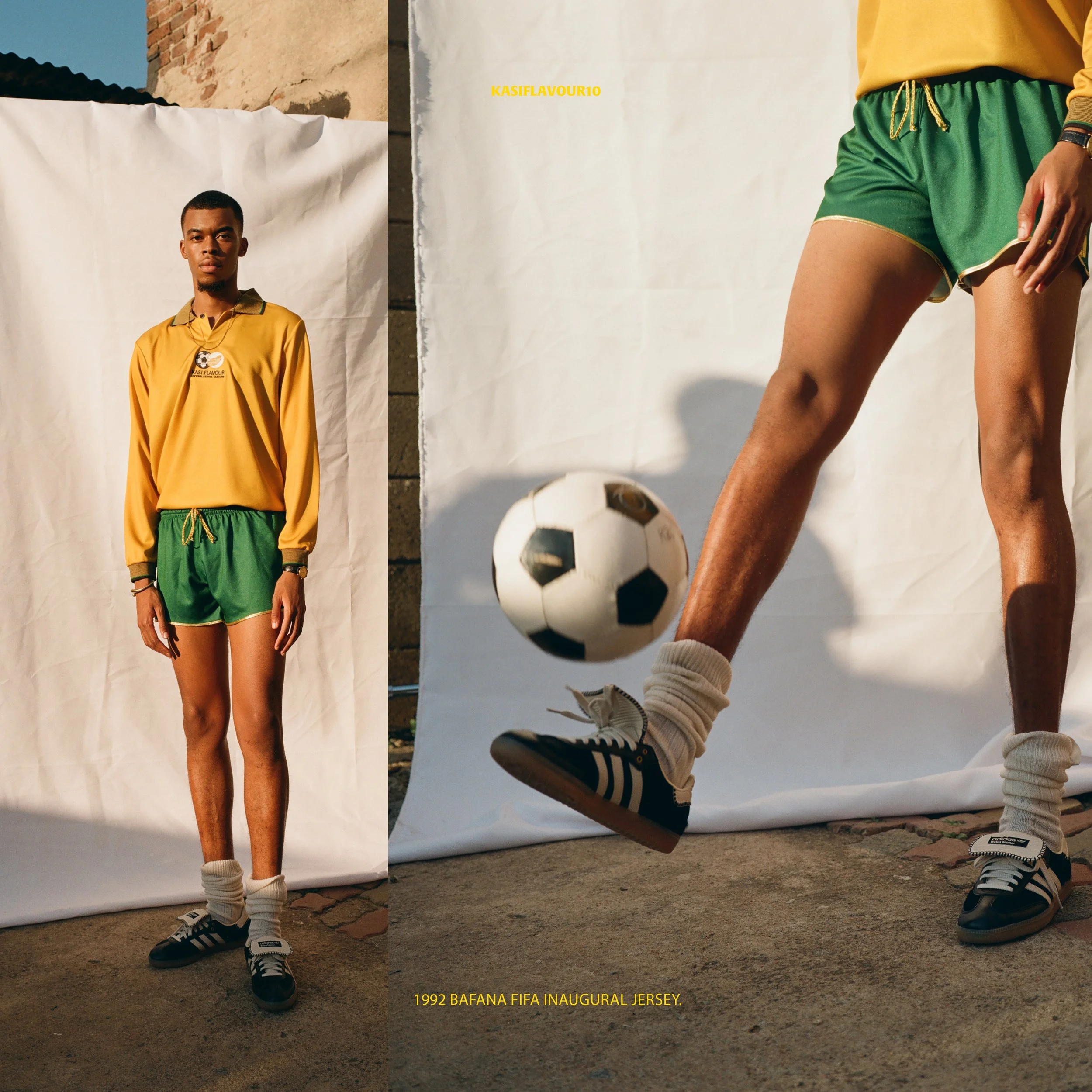A person wearing a yellow long-sleeve shirt, green shorts, white socks, and black Adidas sneakers standing on a concrete ground in front of a white backdrop, with a soccer ball near their feet. The photo has a vintage, casual style and includes text indicating it is from the 1992 Bafana FIFA inaugural jersey.