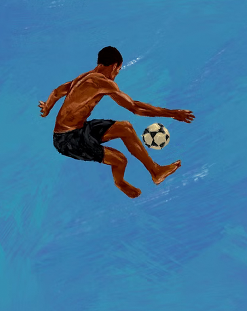 A person appears to be mid-air, performing a soccer trick with a soccer ball against a blue sky background.