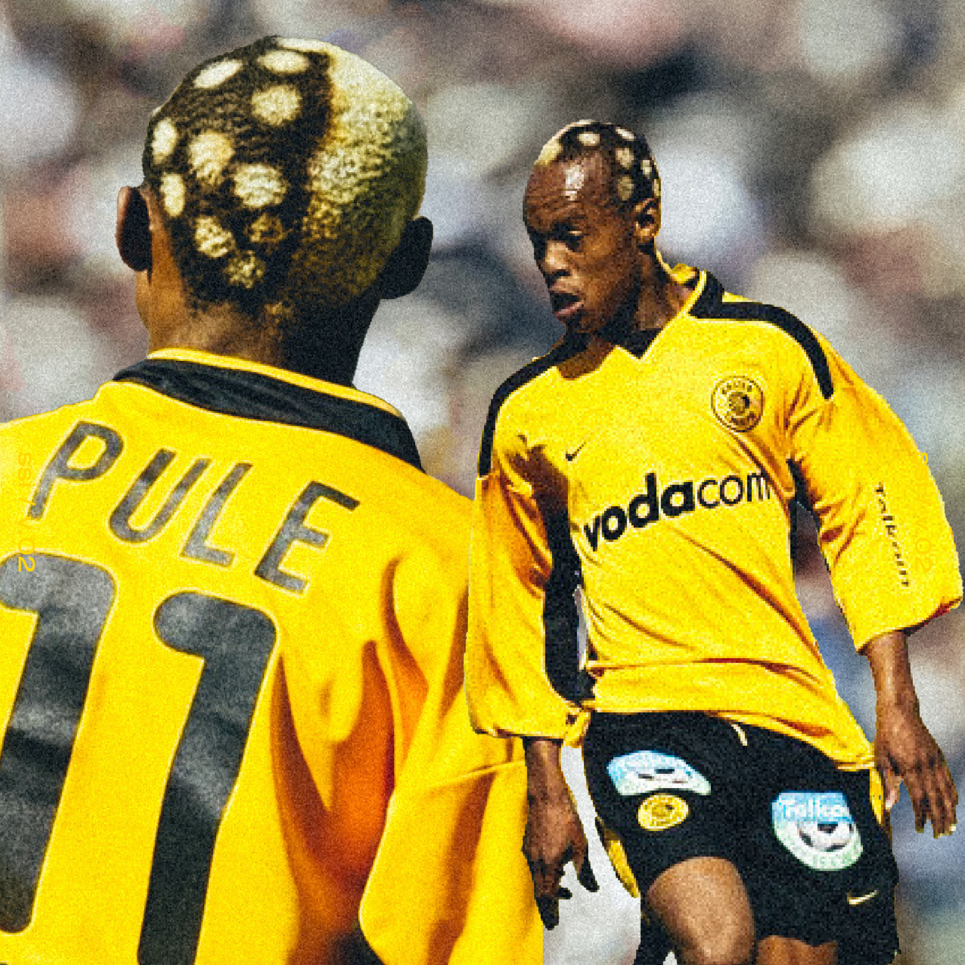 Two soccer players in yellow jerseys with black accents, one with 'Pule' and number 11 on back, on a soccer field during a game.
