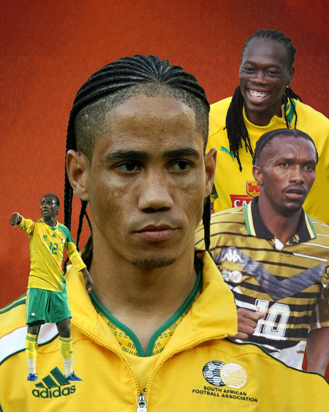 Collage of Bafana Bafana football players wearing yellow and black jerseys, with a red background.