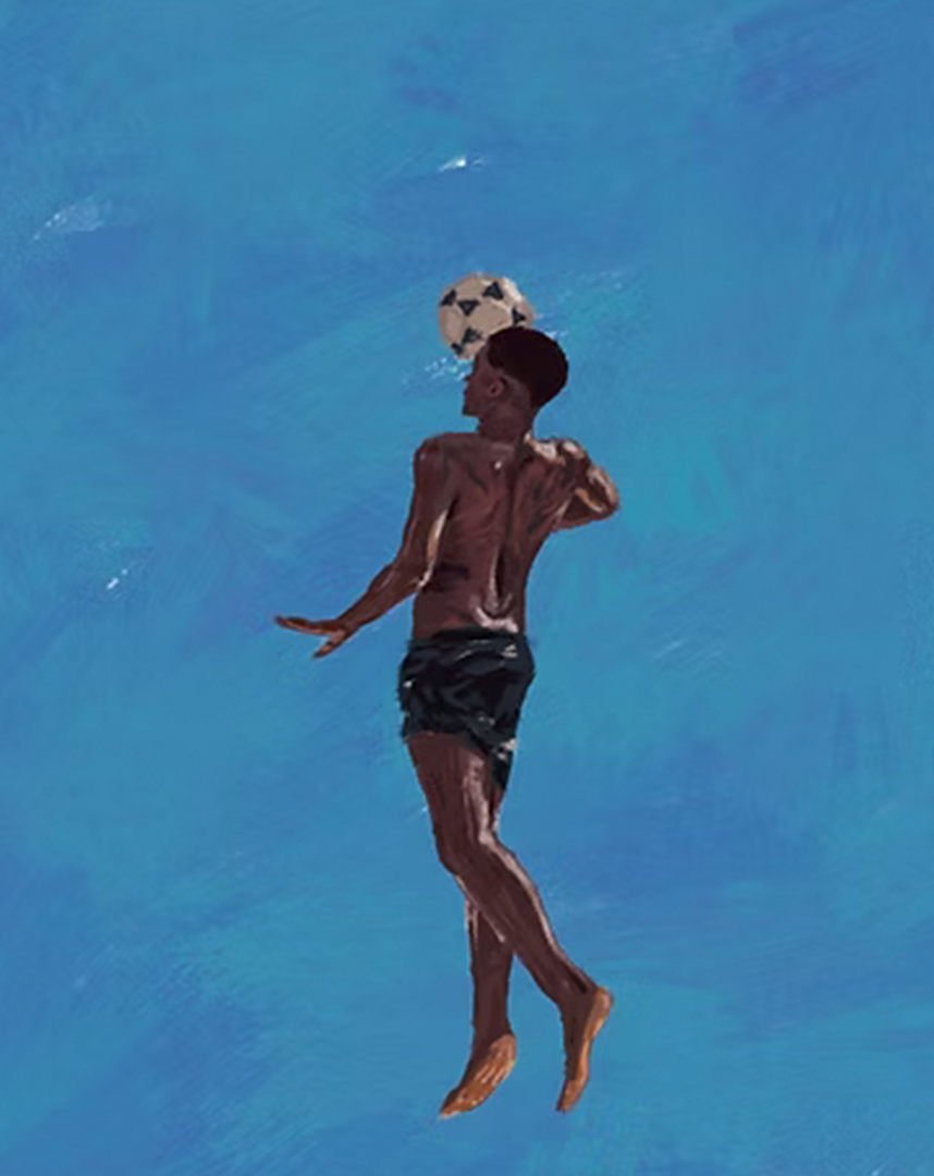 Painting of a boy playing with a soccer ball against a blue sky background.