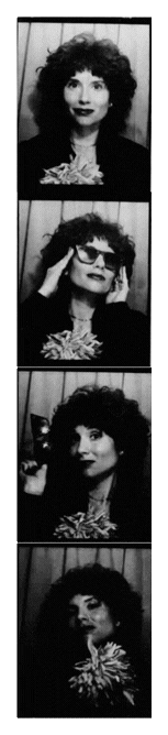 Four black-and-white photo booth images of a woman with curly hair making different expressions.