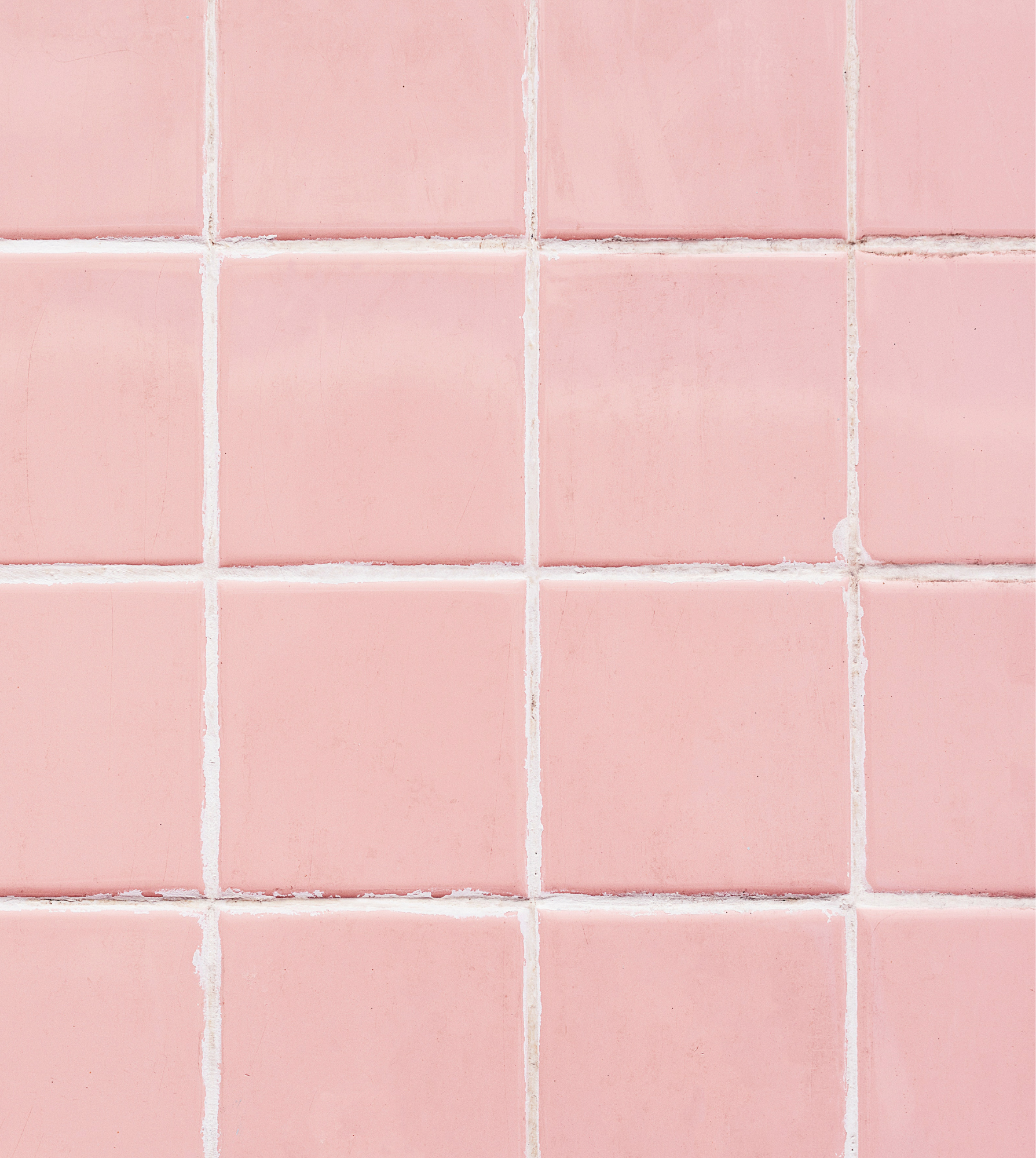 Close-up of pink ceramic tile wall with white grout lines.