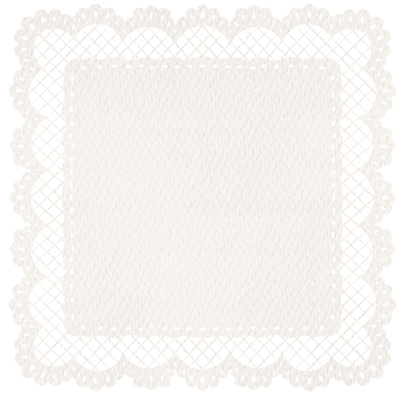 White paperDoily with a decorative scalloped border and intricate lattice design on a black background.
