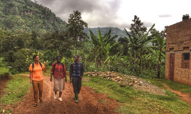From left, Julia Jordan joins TEWDI Uganda project officer Helen Acuku and Mbale District agriculture officer Andrew Wamimbi on a visit to Lwasso, site of a horticulture irrigation project run by UC Davis.