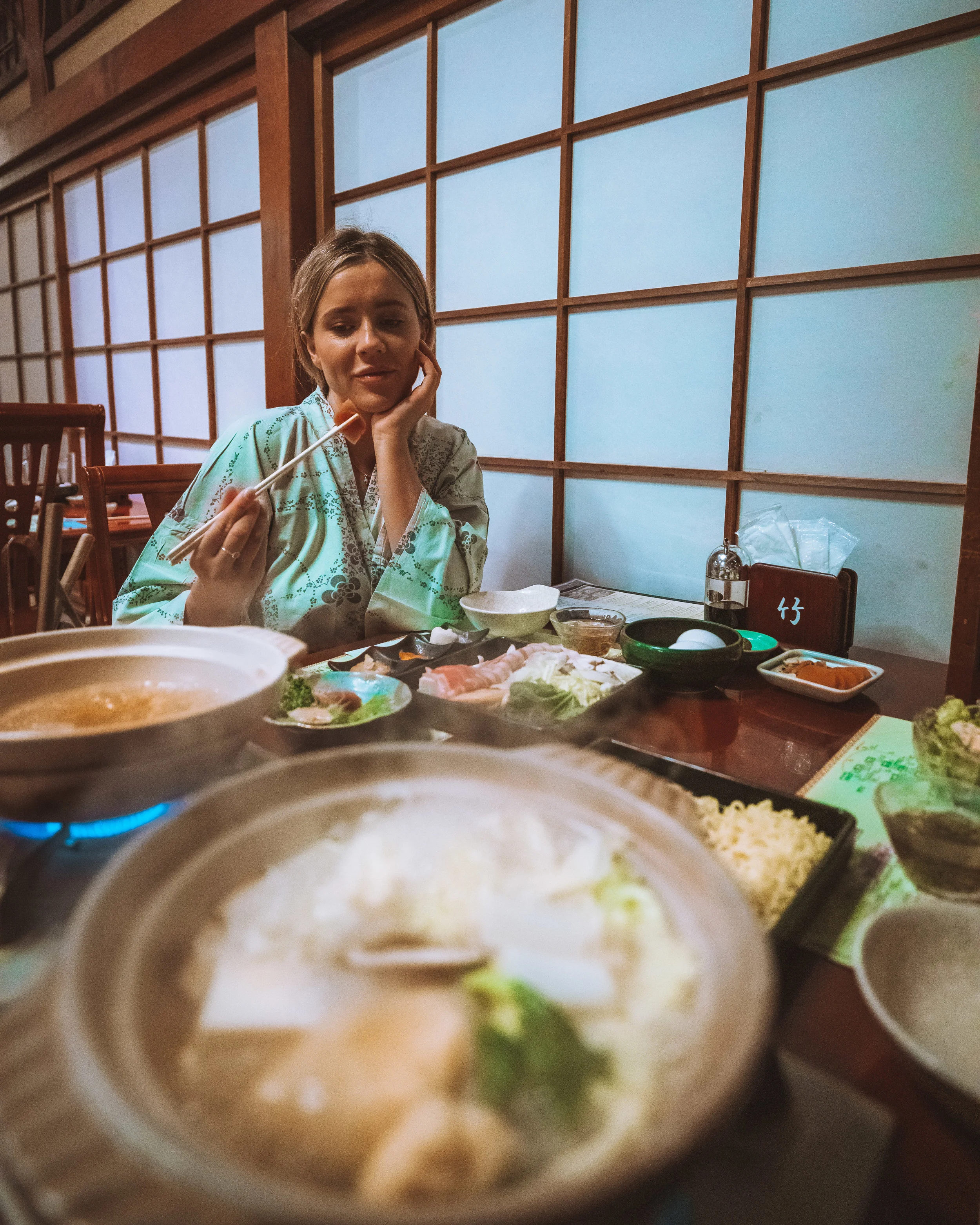 Enjoying our Kaiseki dinner at our Ryokan home