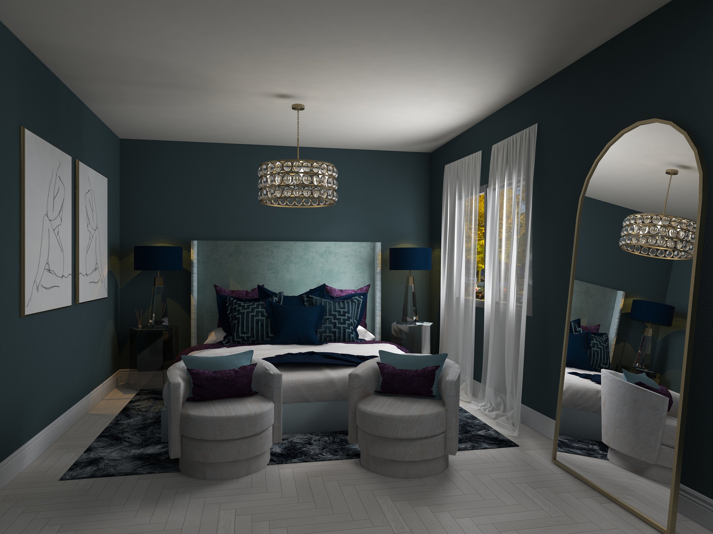 Discover the epitome of chic elegance in this stunning bedroom design, featuring a deep teal palette complemented by luxurious velvet pillows and contemporary art. Step into sophistication with our unique bedroom ideas that include plush textures, st