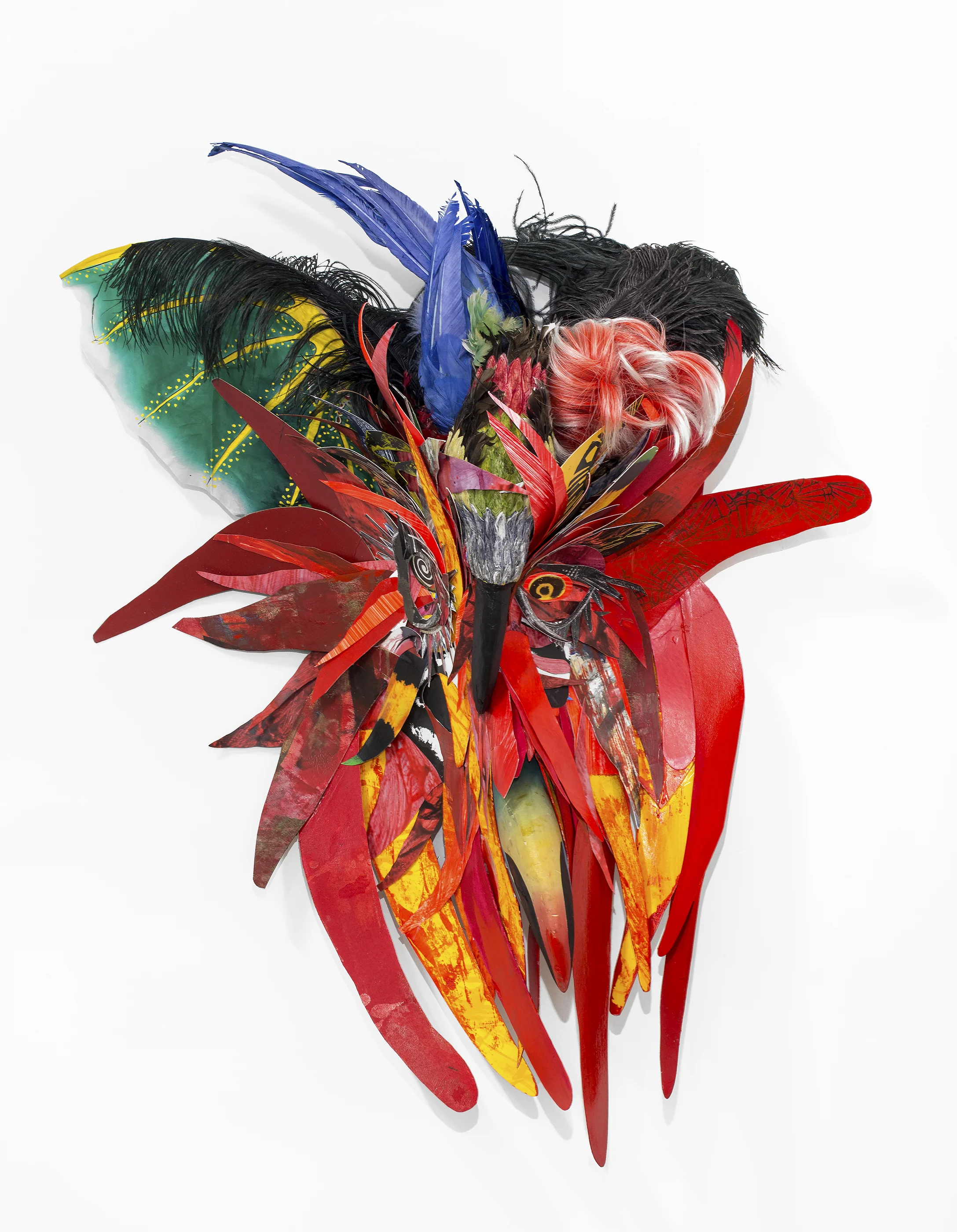 Beheaded 2006 Paper collage, Feathers, Museum Board and Wood Dimensions variable