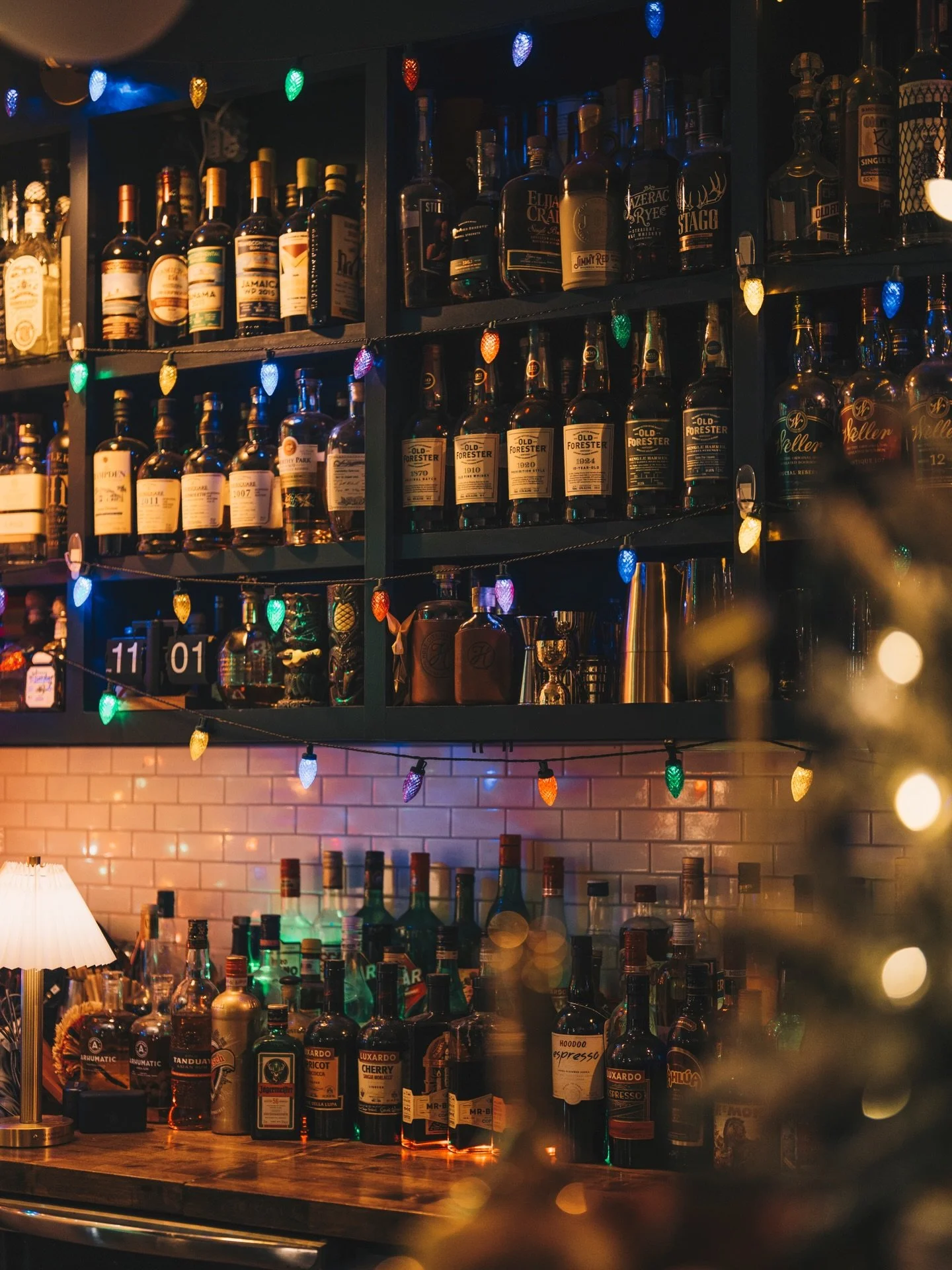 The home bar is giving major Christmas vibes today 🎄🥃

What&rsquo;s your first pour off the shelf?

Cheers y&rsquo;all.
&mdash;
#holycityhandcraft #homebar #homestudio