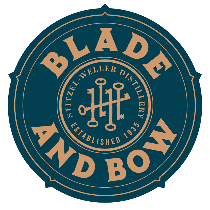 Circular logo with a dark background and beige text that reads 'Bladé and Boy' and 'Stitzel-Weller Distillery Established 1935', featuring a central design of interconnected keys.