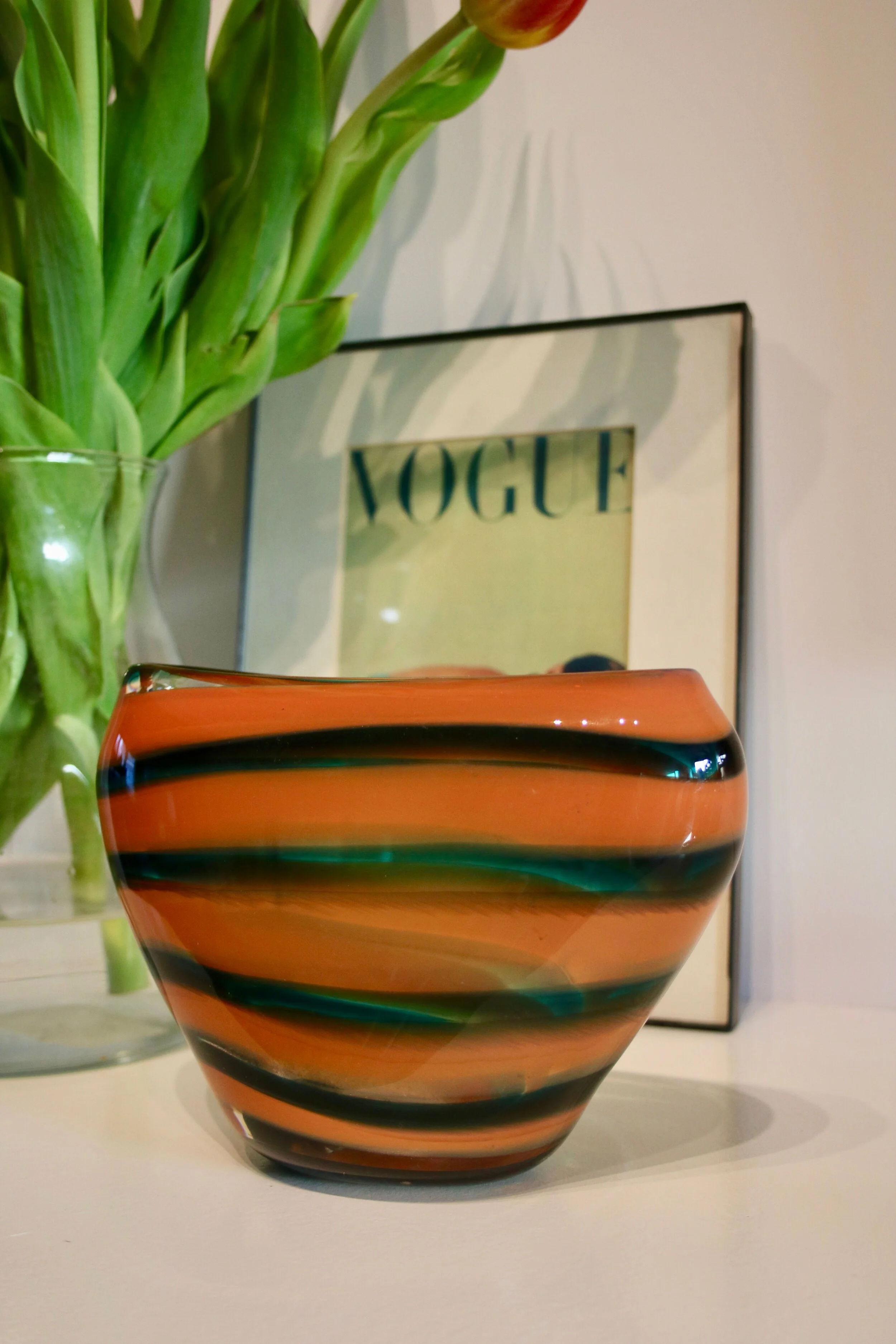 Orange+Green striped Glass vase