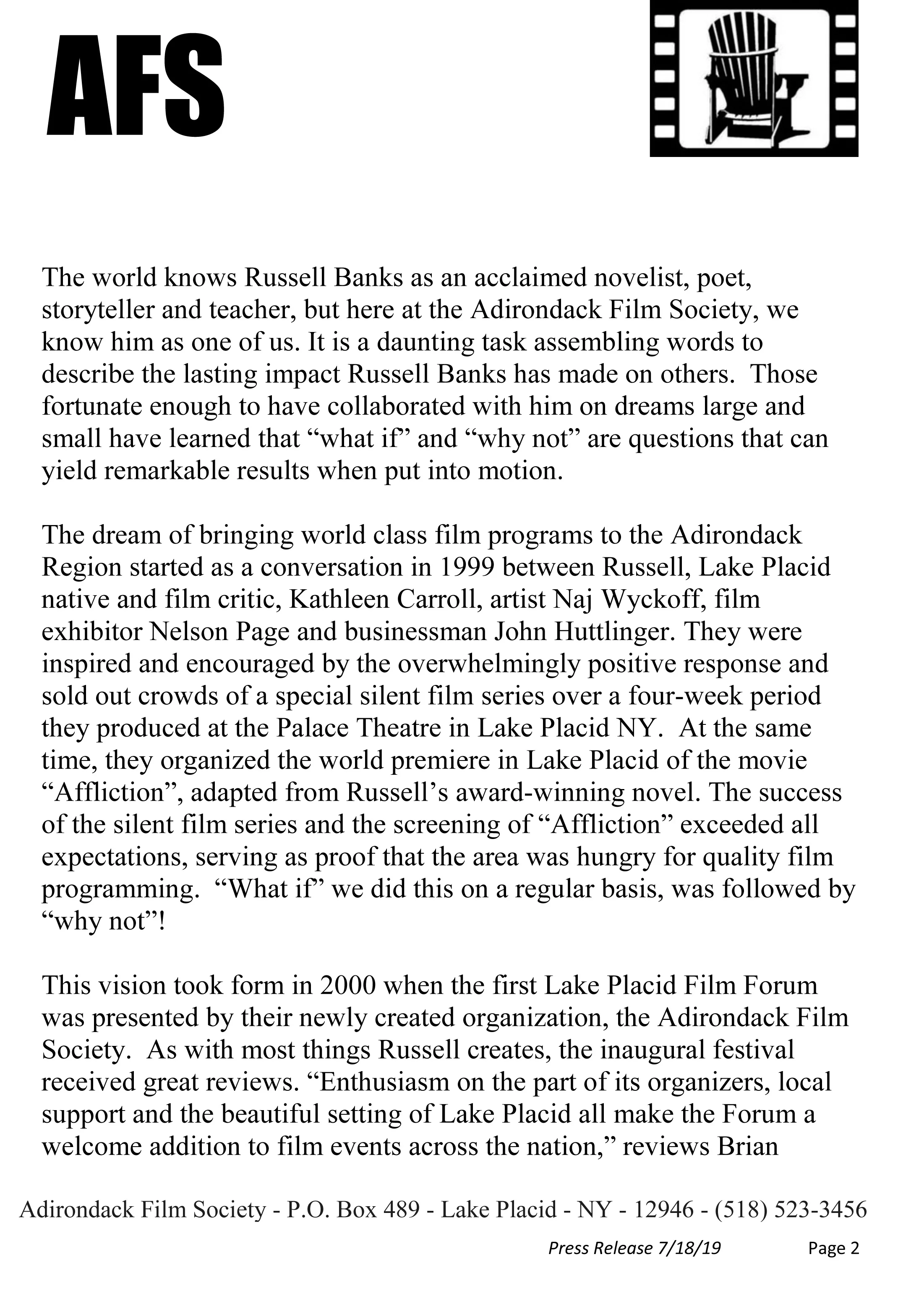 Adirondack Film Society Press Release - Russell Banks Tribute Gala 2019-2.jpg