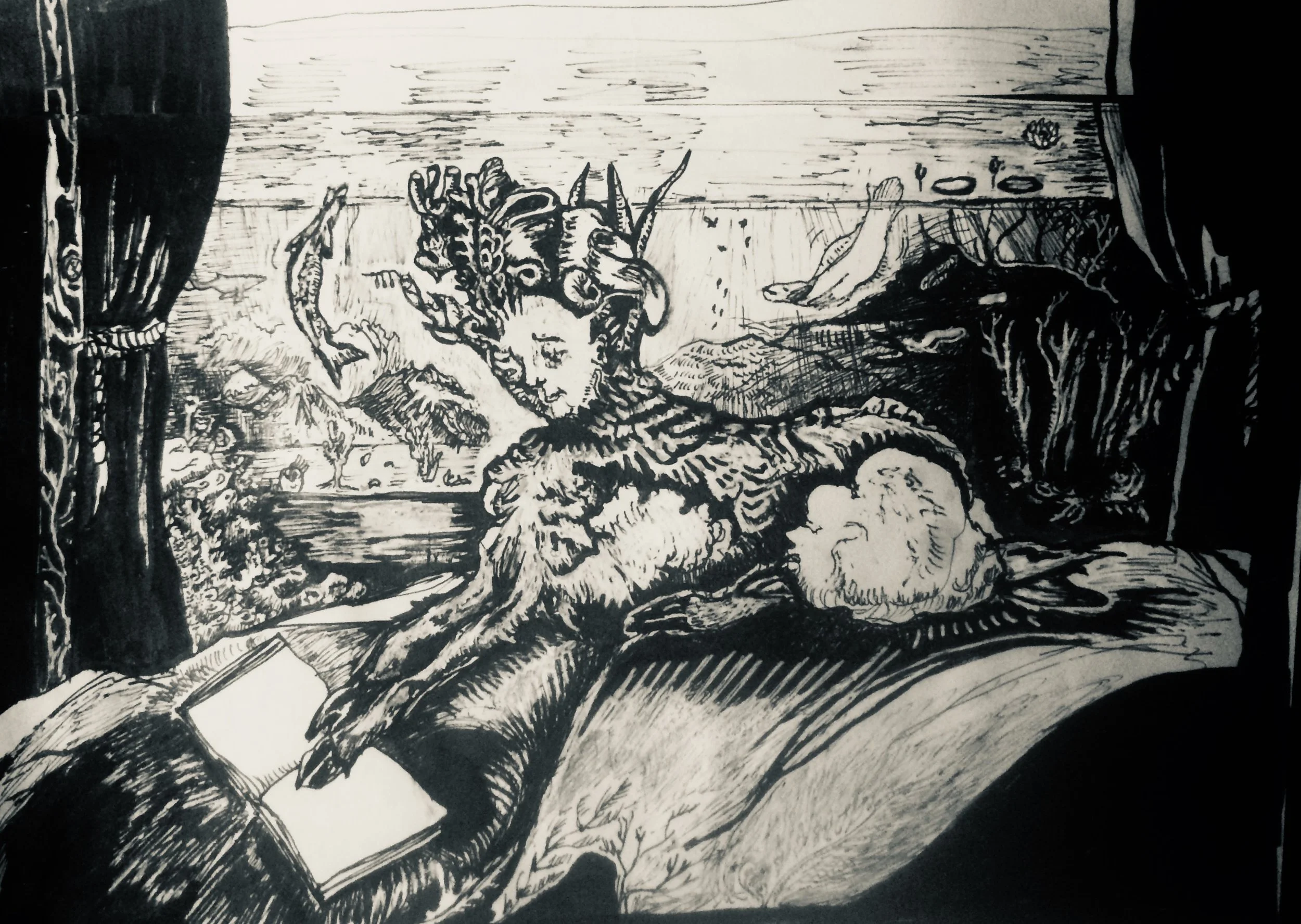 Black and white ink drawing of a gentle creature with a sheep-like body, human face, and coral headress, sitting on a bed with an open blank book. Framed by black curtains with a kind of seascape or terrarium in the background.