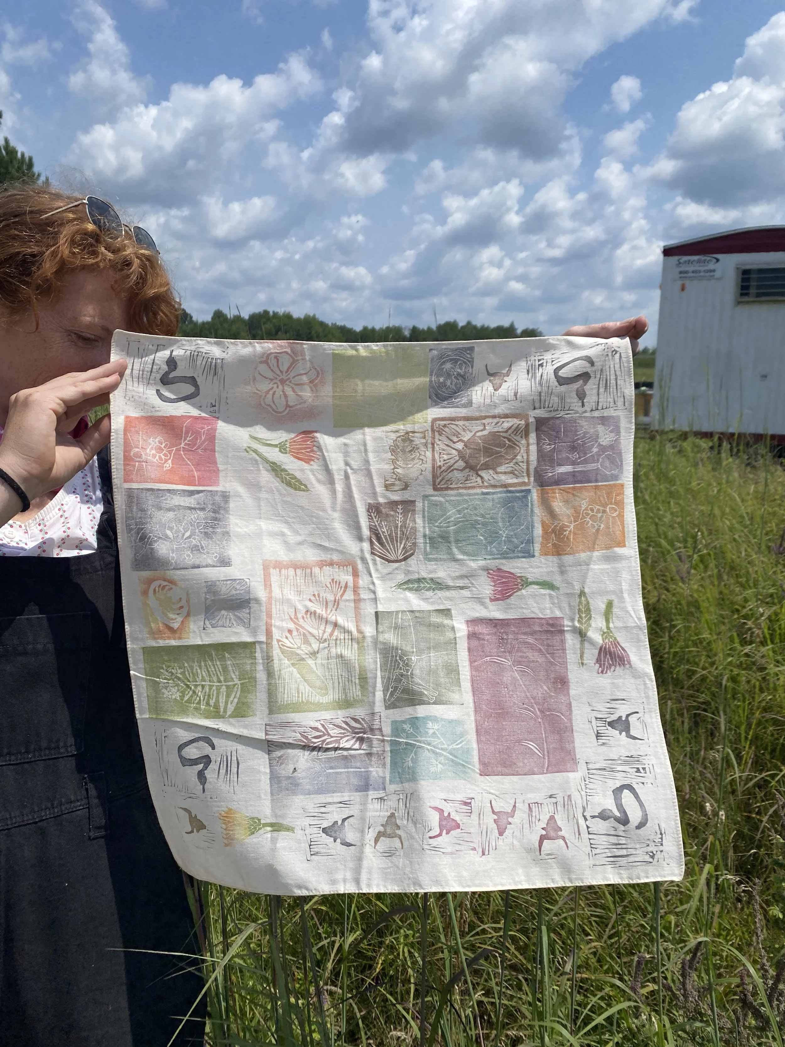 Class bandana created from the Cedar Creek insect/plant walk and printmaking workshop, August 2024