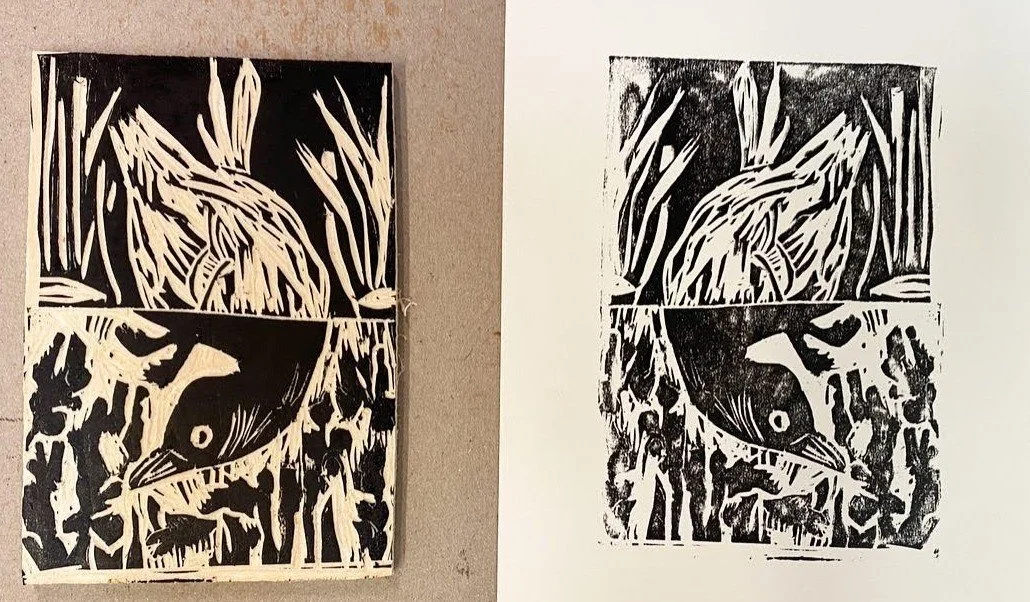 Student woodblock and print demonstrating positive and negative space approaches