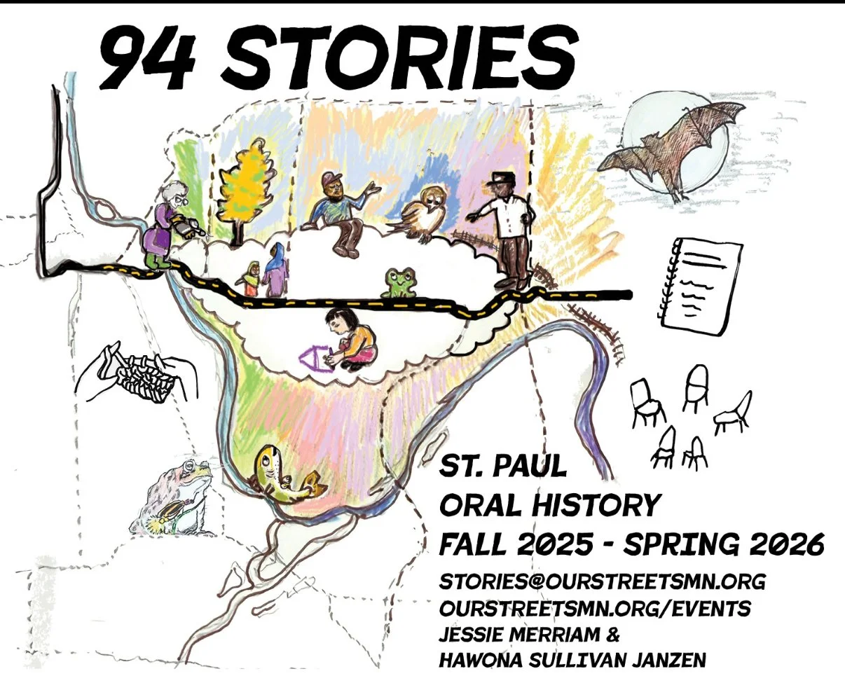 Watercolor and pastel sketch of I-94 in St. Paul highlighting different creatures and people of the neighborhoods and ecoystem.