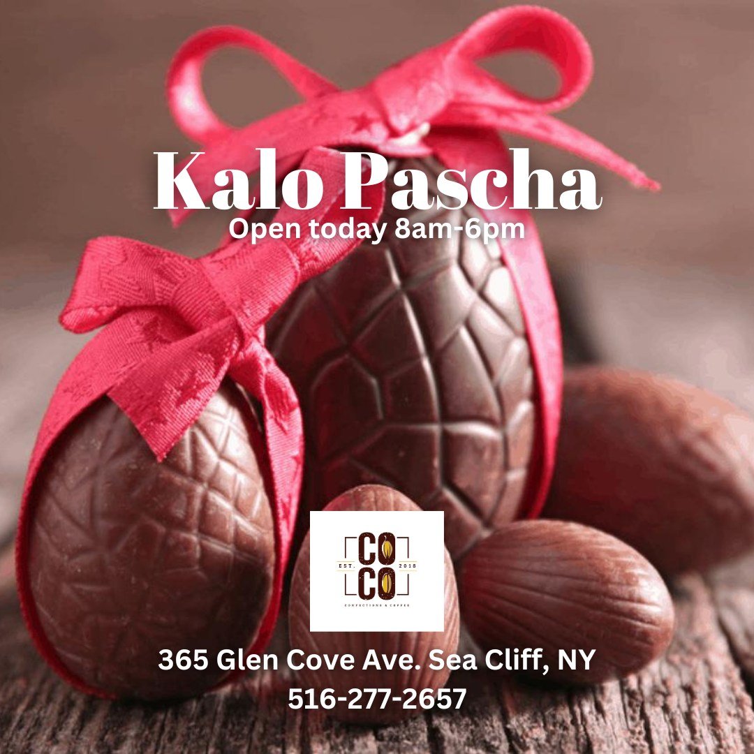 Kalo Pasha! 🐣🐇
Open today 8am-6pm

#COCO #COCOSeaCliff #longislandcoffee #nutellabunny #seacliff #glencove #glenhead #locustvalley #chocolatecafe #longislandchocolate #shoplocalchocolate #premadeeasterbaskets #easterdessert #eastergift #darkchocola